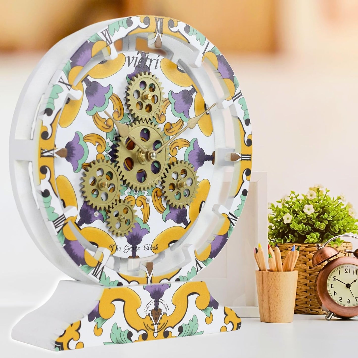 The Gears Clock Wall Clock Italy Collection with Moving Gears (Vietri, 10 inch Round)