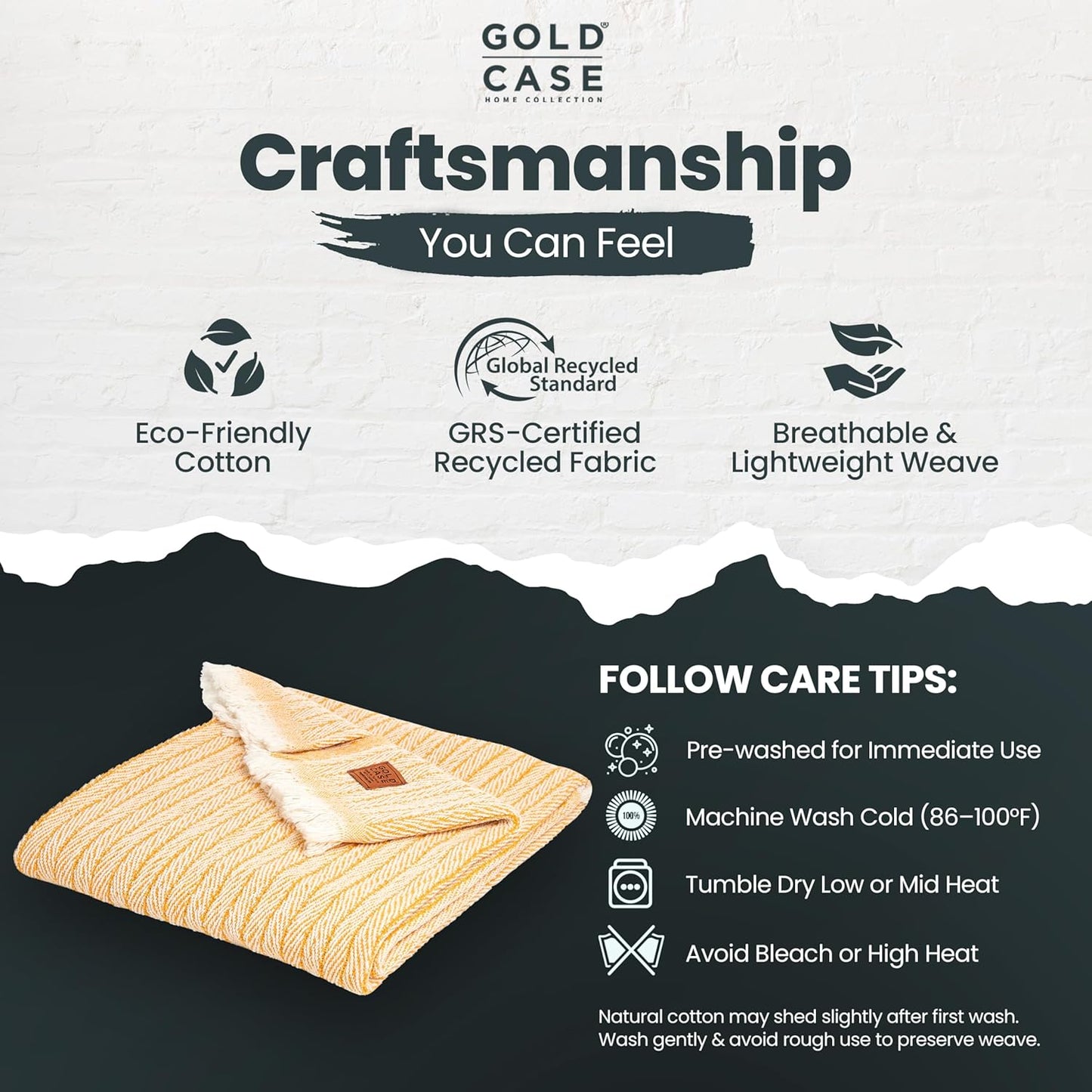 Gold Case Throw Blanket for Couch – 100% Recycled Turkish Cotton Blankets & Throws – Elegant Decorative Throw Blankets for Living Room Sofa – Woven Throws for Couch – Vintage Mustard – 50x60