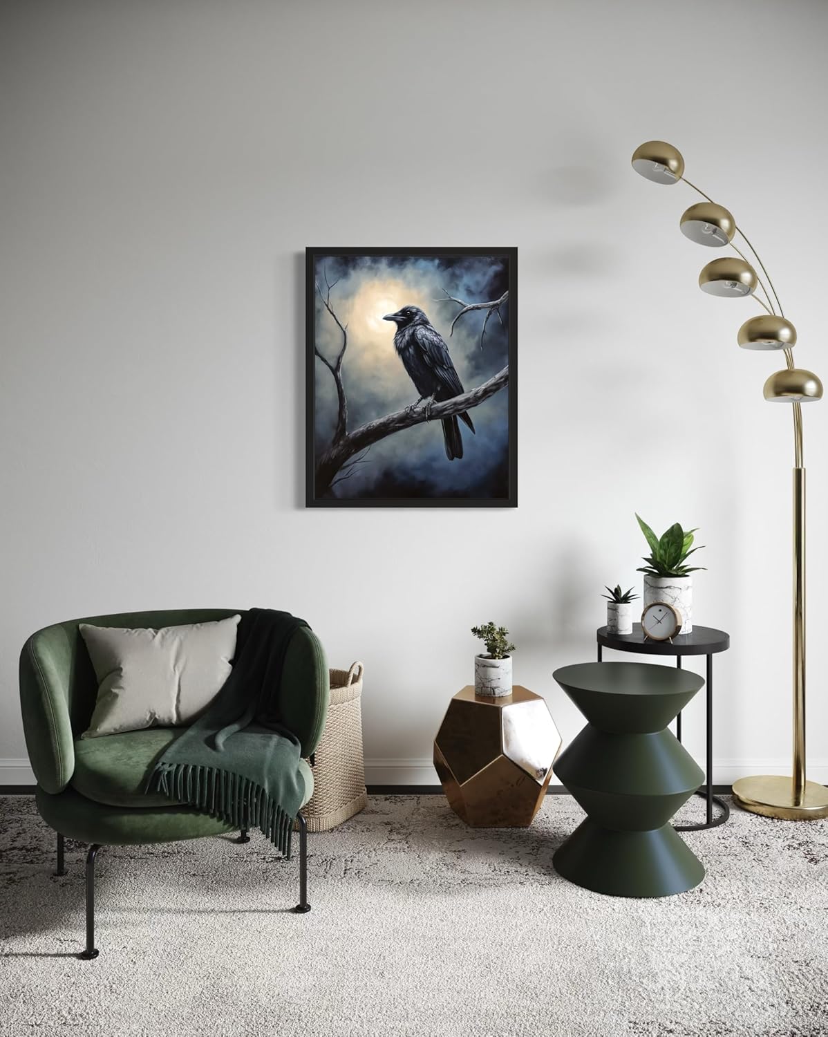 Crow under the Moonlight Poster Art Print, Halloween Scary Vintage Wall Art Academia Spooky Painting Decoration for Horror Prints, Gothic Posters Bedroom Decor 89 (Crow under the Moonlight, 11 x 14 inches, Black Frame)