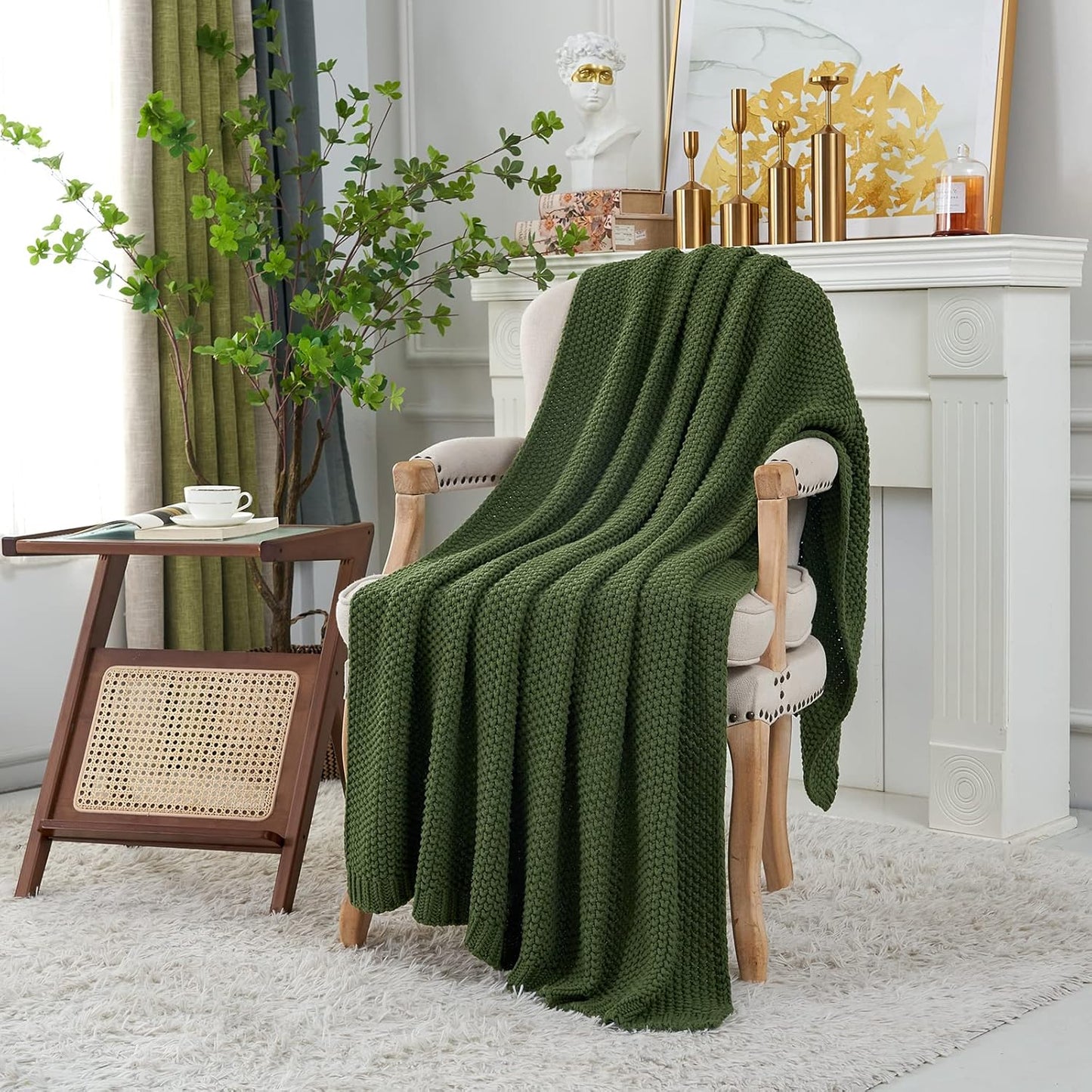 Longhui bedding Chunky Cable Knit Throw Blanket Lightweight Olive Green 100% Organic Cotton Blanket for Sofa Couch Bed Baby Nursery, Rustic Shabby Chic Modern Farmhouse, 60” x 80” Give Laundering Bag