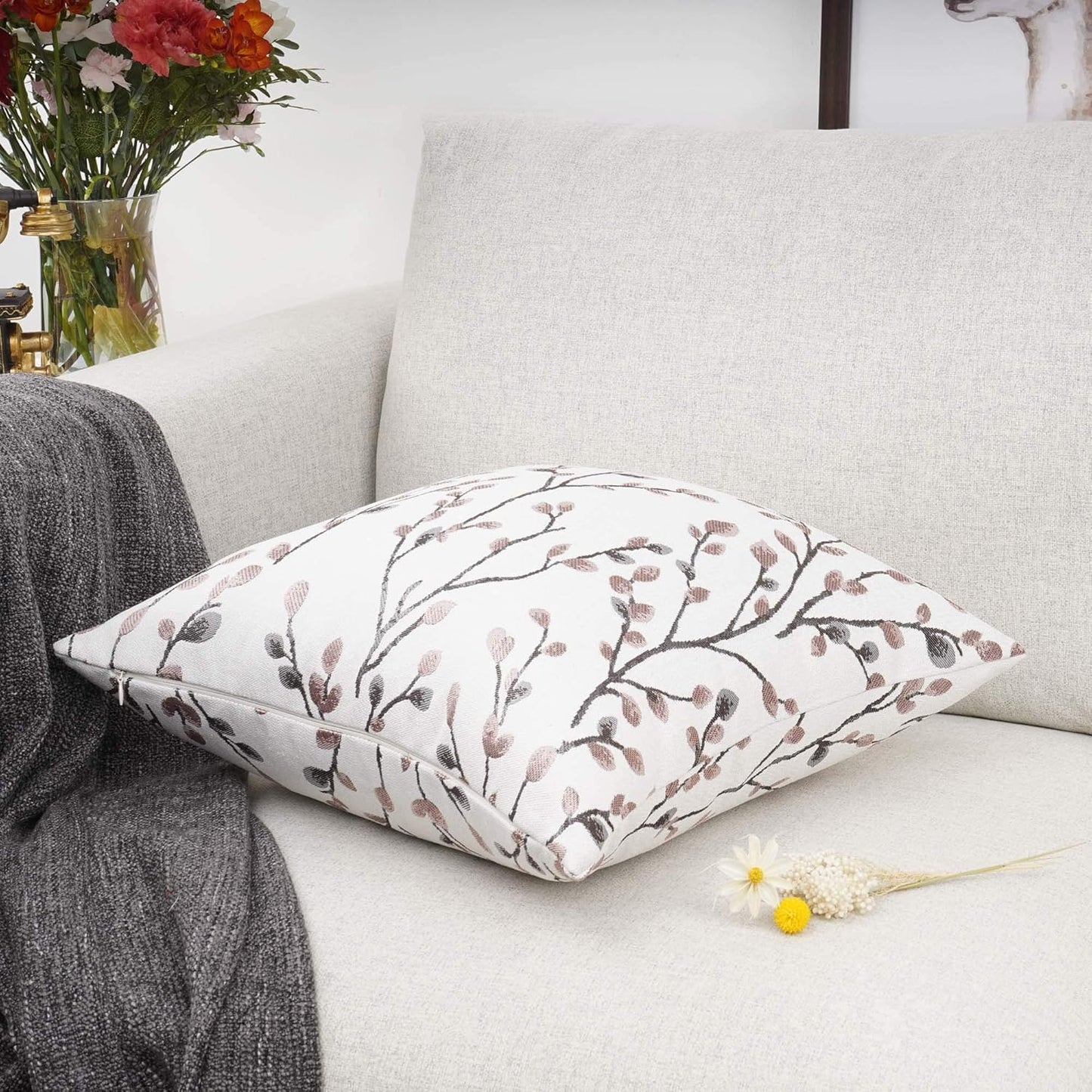 YOUR SMILE Classical Embroidery Jacquard Pink Leaf Pattern Square Decorative Throw Pillow Case Cushion Cover 18x18 inch