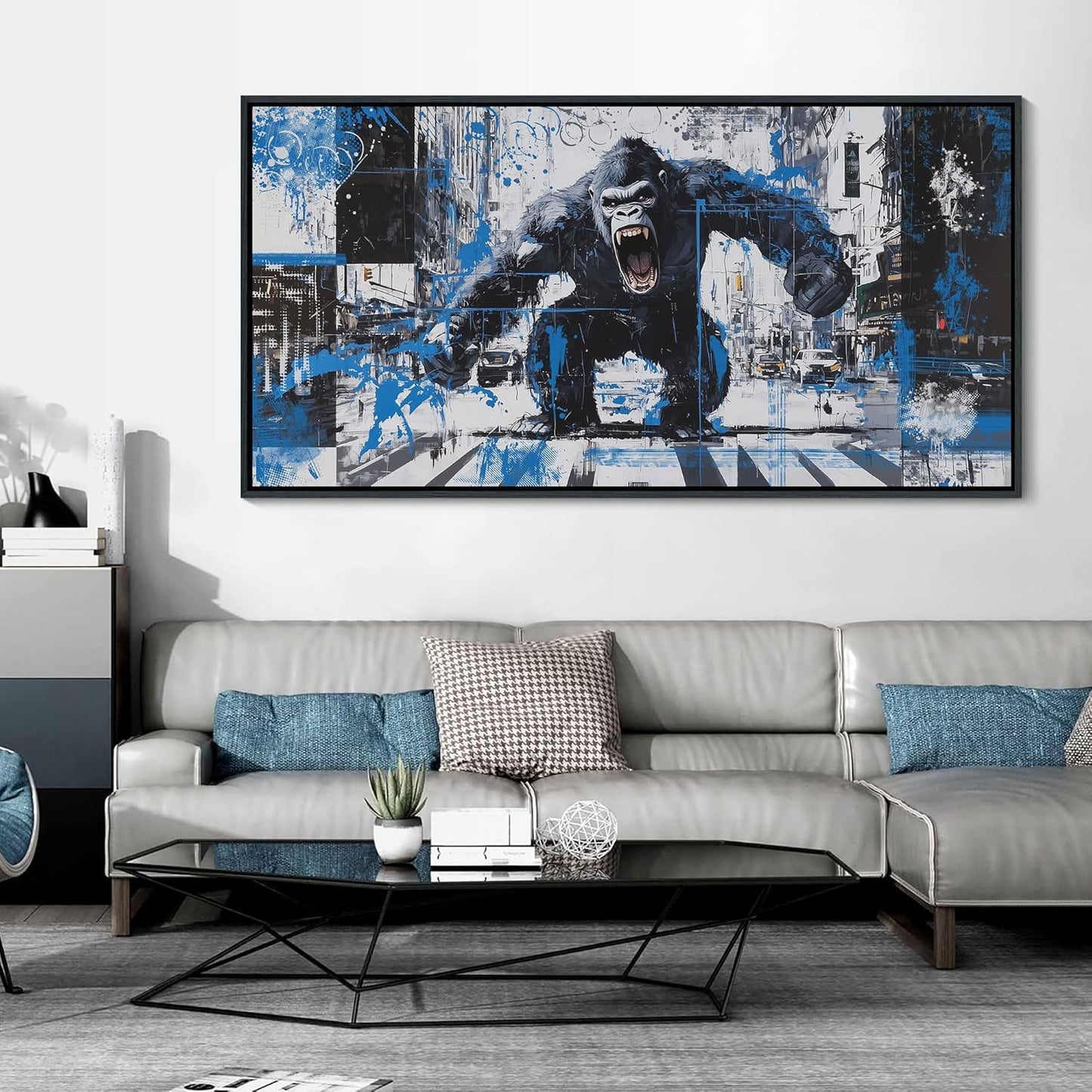JEAWA Large Framed Wall Art, Gorilla City Street Abstract Graffiti Animal Canvas Paintings Black and White Modern Picture for Living Room Bedroom Men Study Home Office Picture Wall Decor 29x58 IN