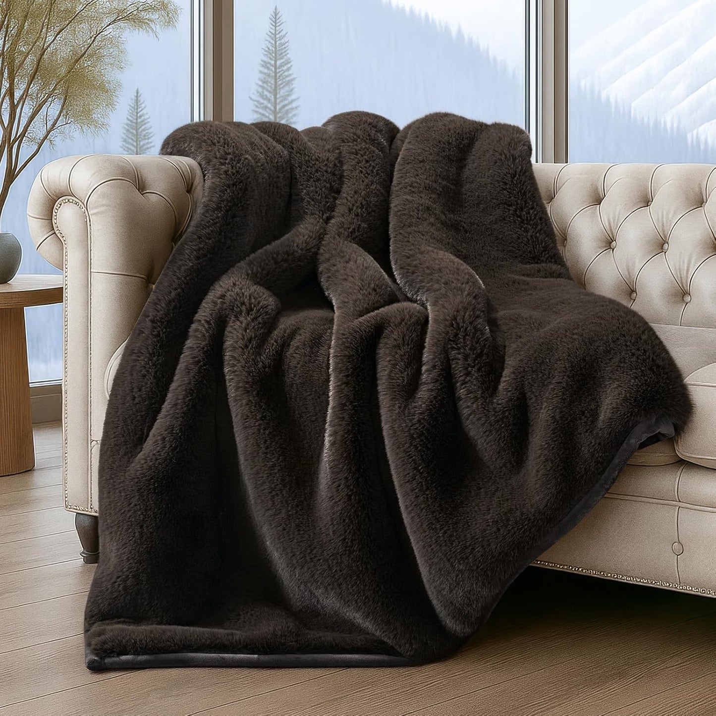 Luxury Soft Faux Chinchilla Fur Throw Blanket for Couch, Warm Thick Heavy Winter Throw Blanket 1220GSM for Bed, Fluffy Cozy Mink Blanket with Reversible Velvet, Espresso Mink, 50"x60"