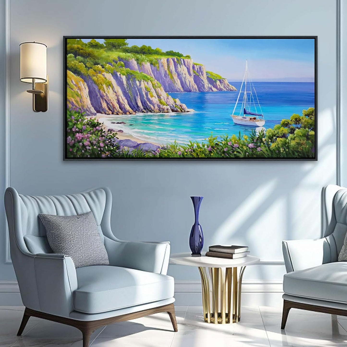 QZQCBLC Large Blue Wall Art, Purple Wildflowers Coastal Sailboat Mountain Canvas Pictures Modern Ocean Landscape Paintings Artwork for Living room Bedroom Home Office Framed Beach Decor 29x58