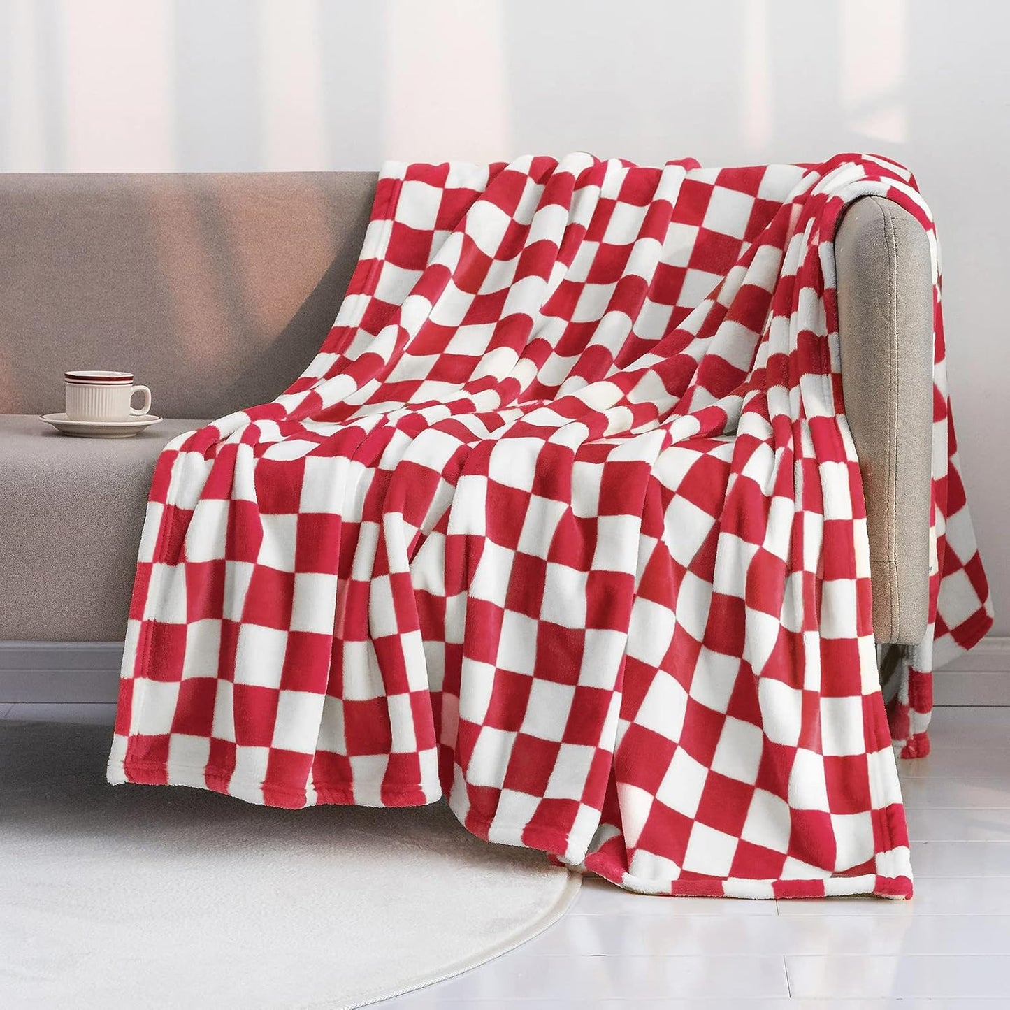 LOMAO Throw Blankets Flannel Blanket with Checkerboard Grid Pattern Soft Throw Blanket for Couch, Bed, Sofa Luxurious Warm and Cozy for All Seasons (Red, 50"x60")