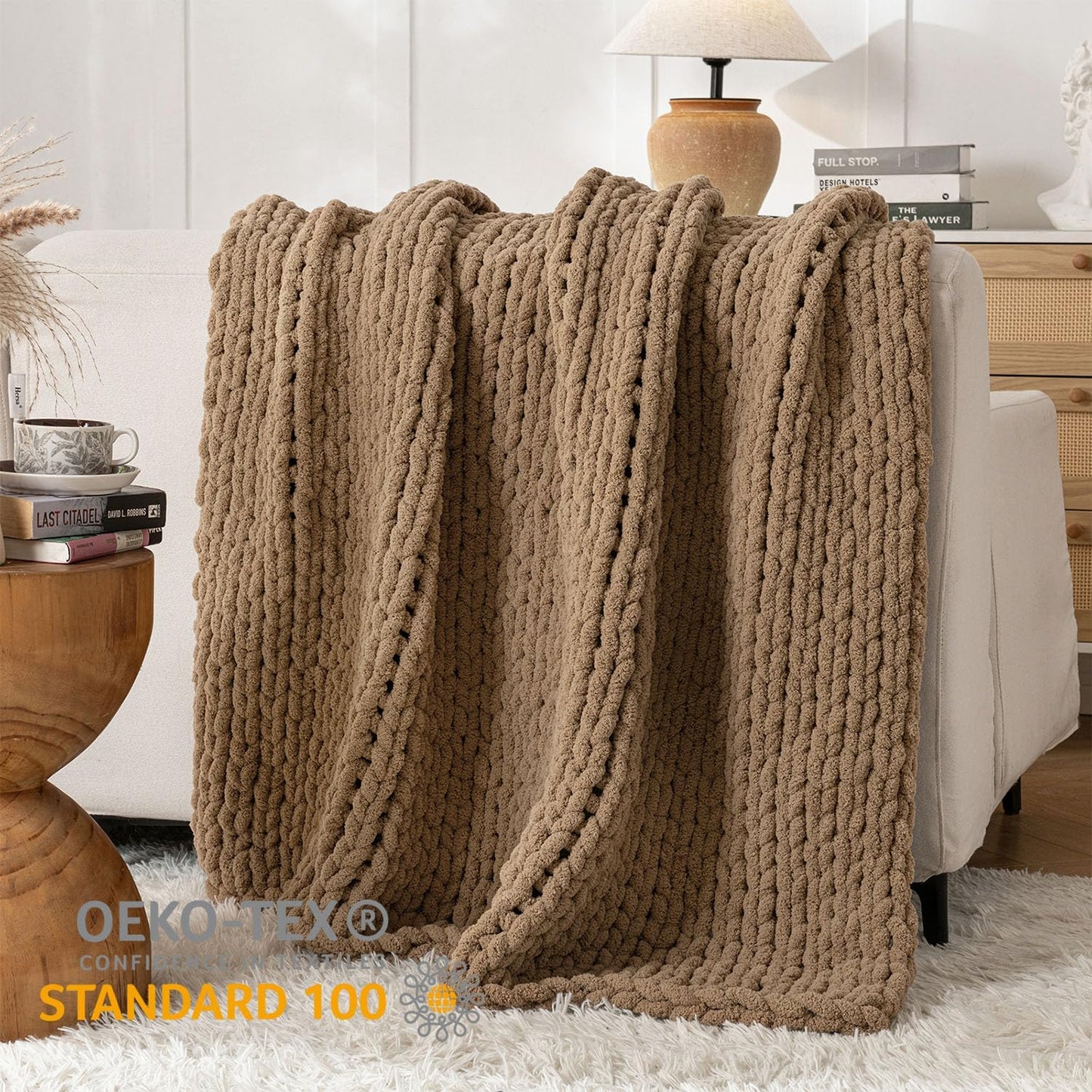 Chunky Knit Blanket Throw, 100% Hand Knit Throw Blanket Handmade Chenille Cable Knit Throw for Couch, Stylish Cozy Soft Rope Knot Crochet Blanket for Home Decor, Camel, 50x60 Inches