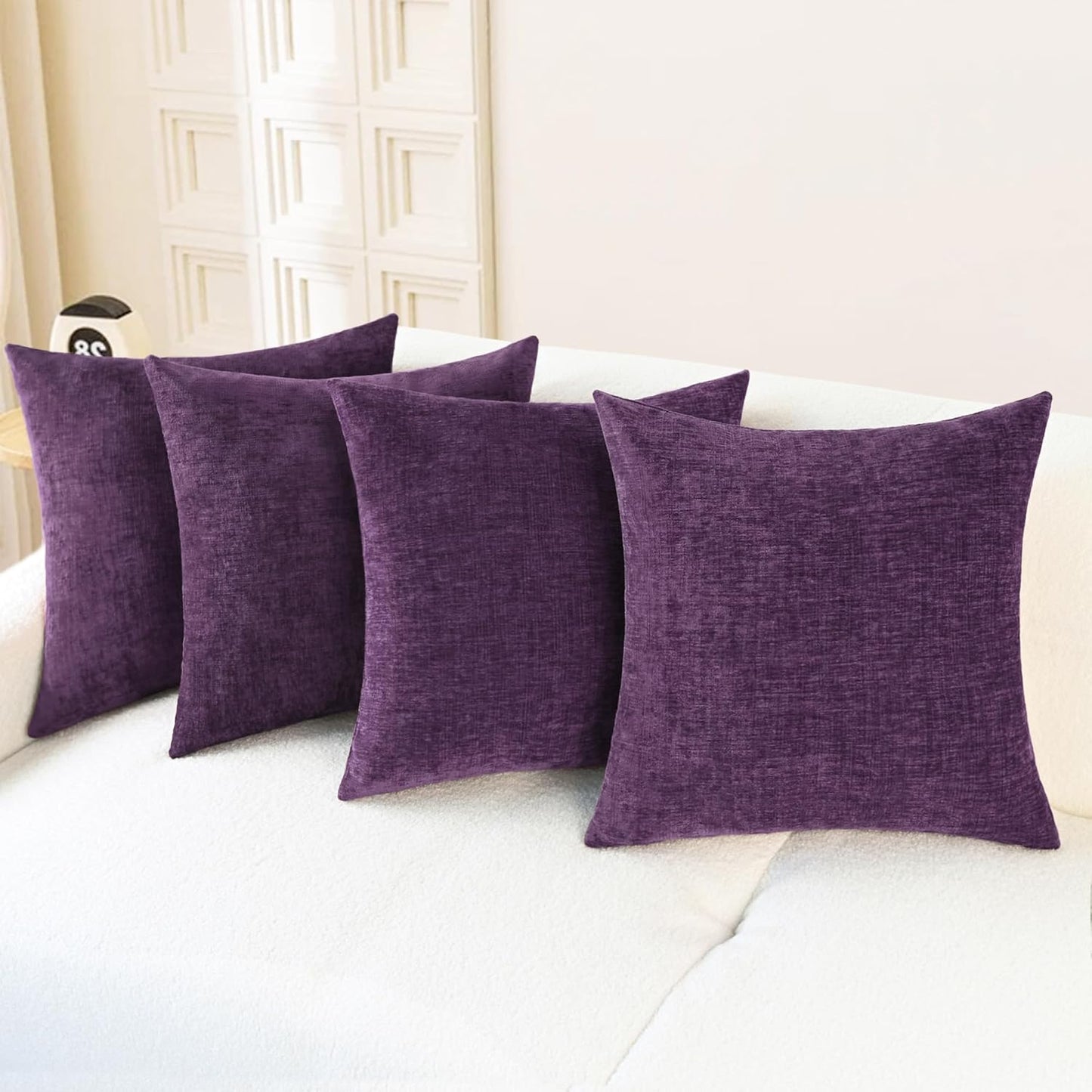 CaliTime Throw Pillow Covers Decorative 18 X 18 Inches Pack of 4 Cozy Chenille Cushion Cases for Couch Sofa Bed Living Room Home Plum Purple