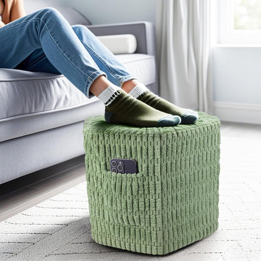 Hexagon Pouf Ottoman Stuffed with 2 Pockets & Handle, Comfort Corduroy Poufs, Non-Slip Foot Stool Storage Ottoman, Foam Floor Poufs Foot Rest for Couch, Bedroom (Green)