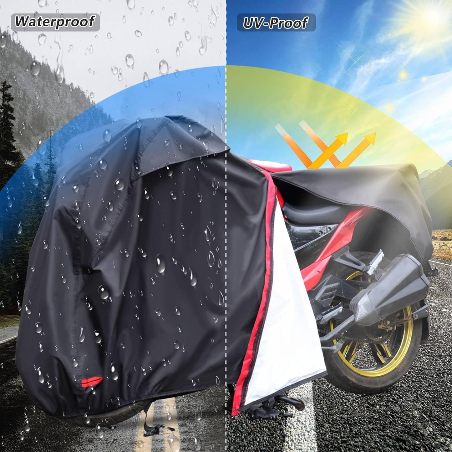 Motorcycle Cover,Waterproof Zipper Outdoor Cover for All Seasons Windproof, High Heat Resistance Dustproof and Rainproof Snowproof(Red Zipper XXXL Fits Up to 116 inch)