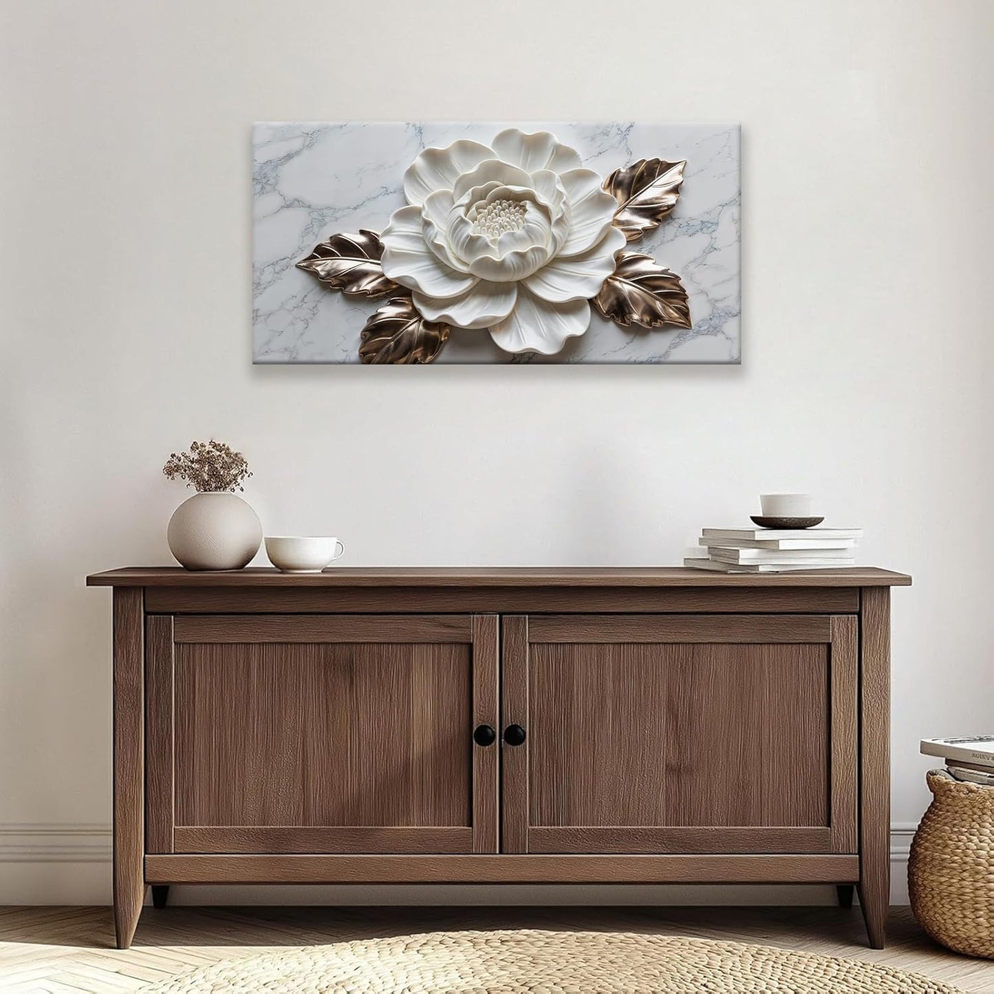 Suconvng Canvas Art Wall Decor Print Paintings Marble Texture White Flower Wall Art Prints Pictures Ready To Hang Pictures For Bedroom Bathroom Office Kitchen Home Wall Decor Artwork 20" × 40"