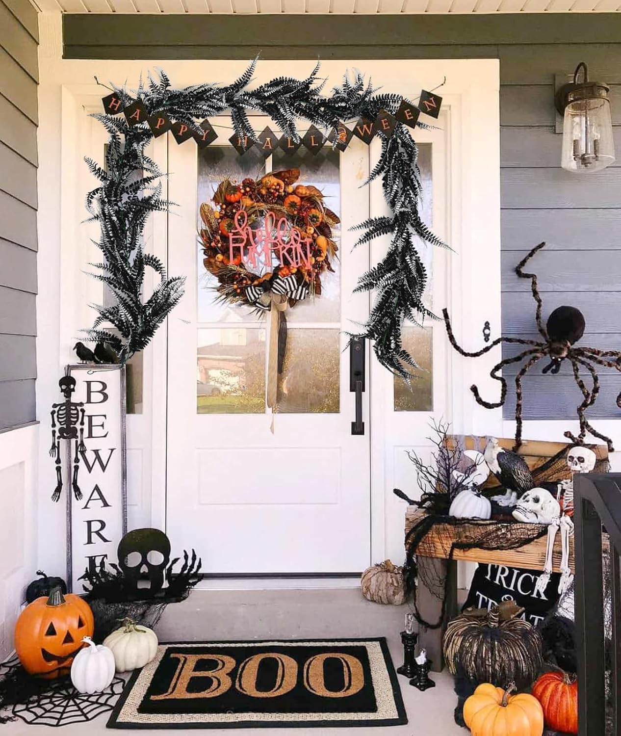 RECUTMS 2pcs Black Garland Artificial Boston Ferns 6 FT Faux Hanging Greenery UV Resistant Halloween Decor