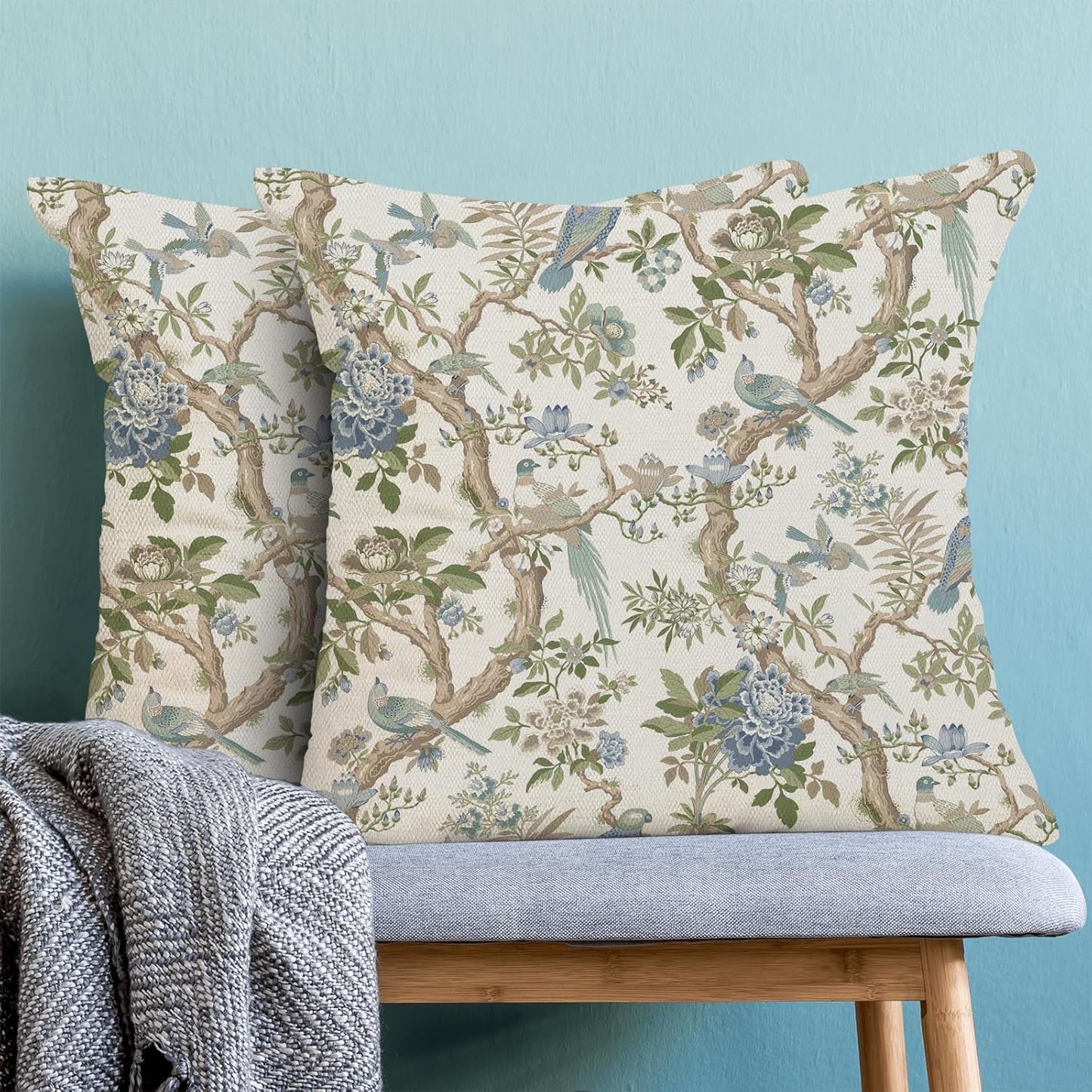 CXMEIFLY Chinoiserie Spring Pillow Covers 16 x 16 Inch Set of 2 for Blue Sage Green Vintage Flowers Bird Decor Throw Pillows Plant Farmhouse Outdoor Decorative Cushion Cases for Couch Bed Decorations