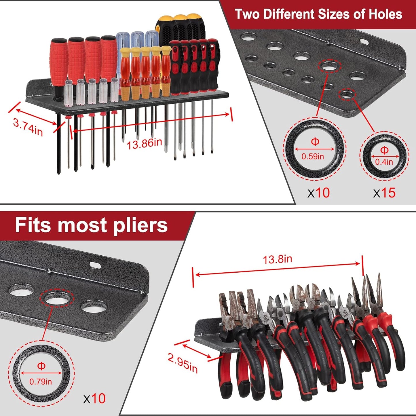 Screwdriver Organizer, Metal Plier Organizer Hammer Rack Screwdriver Holder Hand Tool Organizer and Storage Rack Wall Mount for Garage Workshop Workbench - 4 Pack