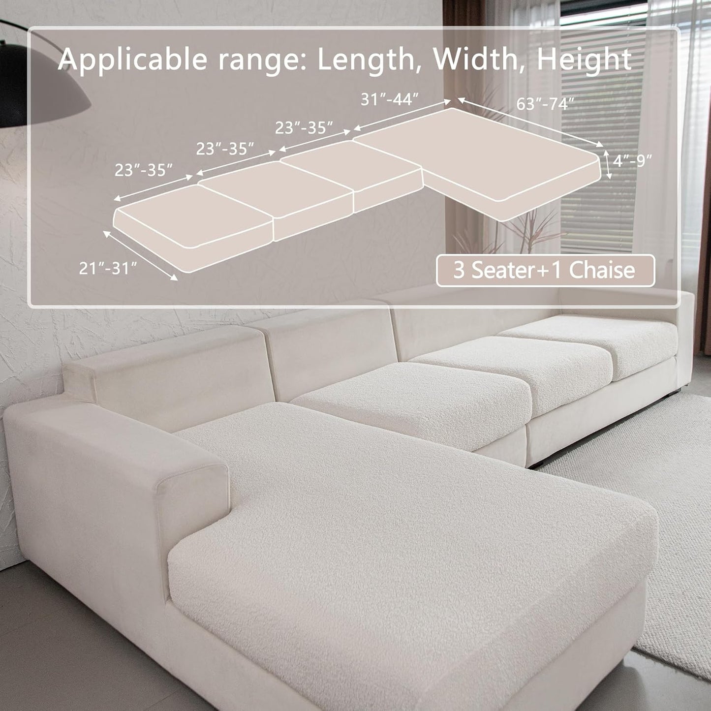 Couch Cushion Covers for Sectional Sofa, Stretch Soft Sofa Slipcovers Washable Wear-Resistant Universal Furniture Protector for Living Room(3 Seaters Covers+1 Chaise Cover, Ivory)