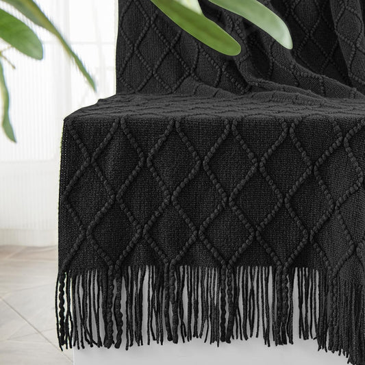 inhand Knitted Throw Blankets for Couch and Bed, Soft Cozy Knit Blanket with Tassel, Black Lightweight Decorative Blankets and Throws, Farmhouse Warm Woven Blanket for Men and Women, 50"x60"