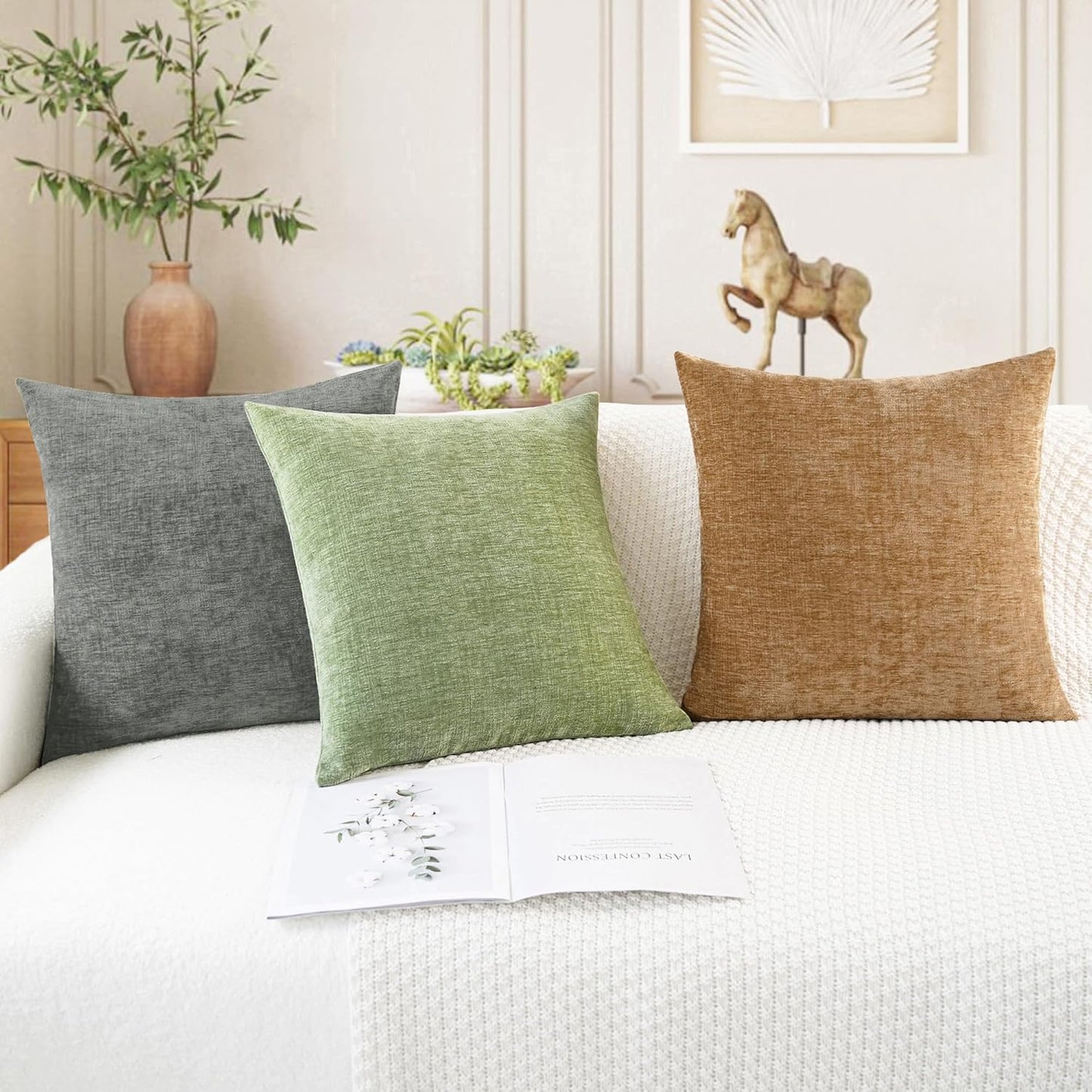 CaliTime Throw Pillow Covers Decorative 20 X 20 Inches Pack of 2 Cozy Chenille Cushion Cases for Couch Sofa Bed Living Room Home Sage Green