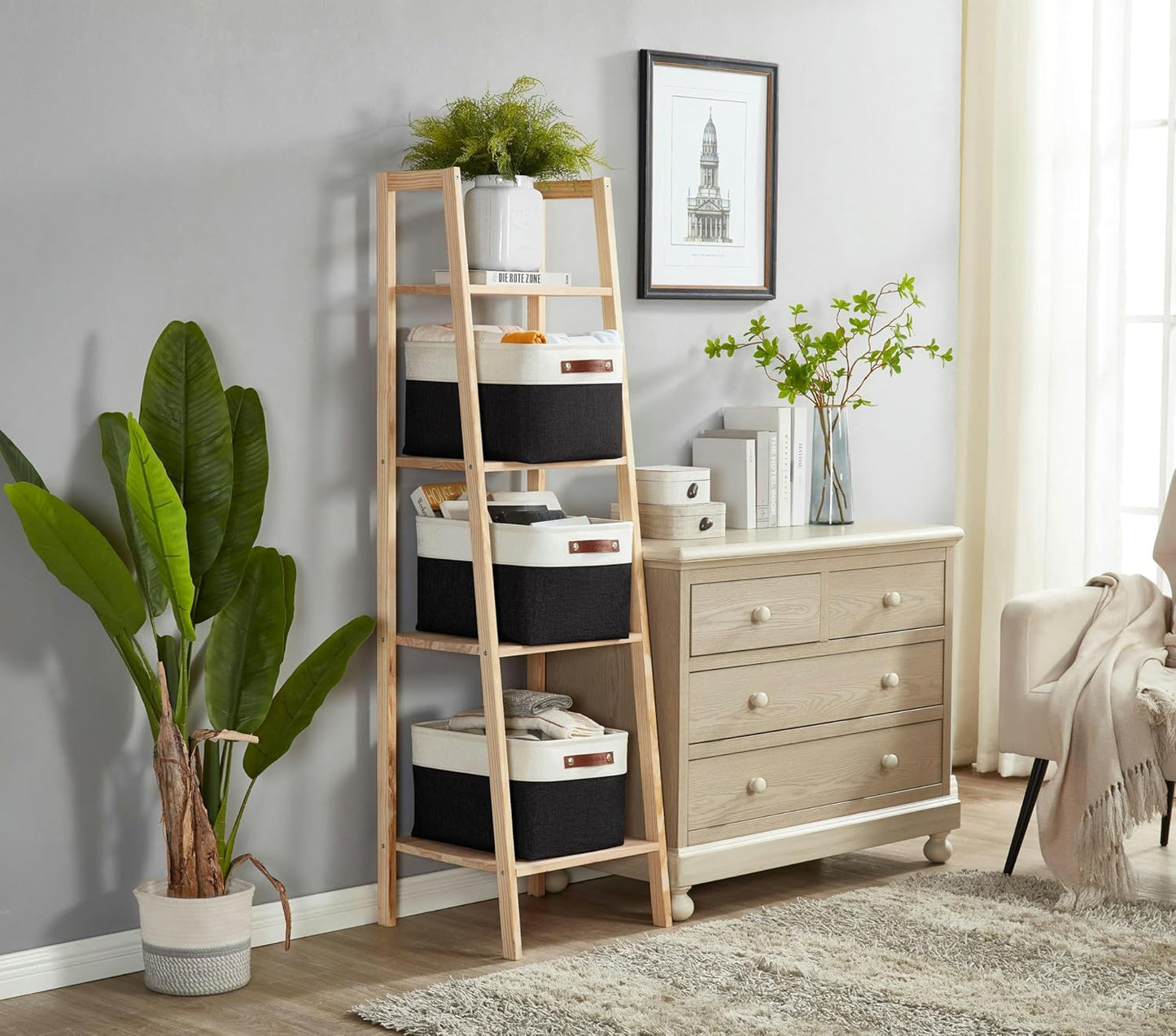 DECOMOMO Storage Bins Fabric Storage Baskets for Shelves, Linen Closet Organization Toys Nursery (Black and White, Large - 3 Pack)