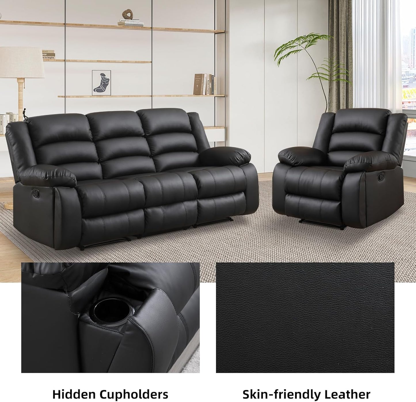 EBELLO Faux Leather Manual Recliner Sofa Set, 3 Seat Reclining Sofa, Couch Furniture Set for Living Room, Black