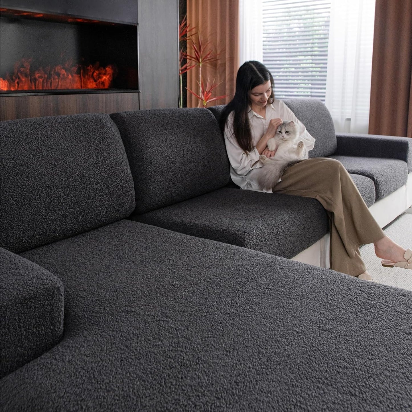 Couch Cushion Covers for Sectional Sofa, Stretch Soft Sofa Slipcovers Washable Wear-Resistant Universal Furniture Protector for Living Room(1 Piece Chaise Cover, Dark Gray)