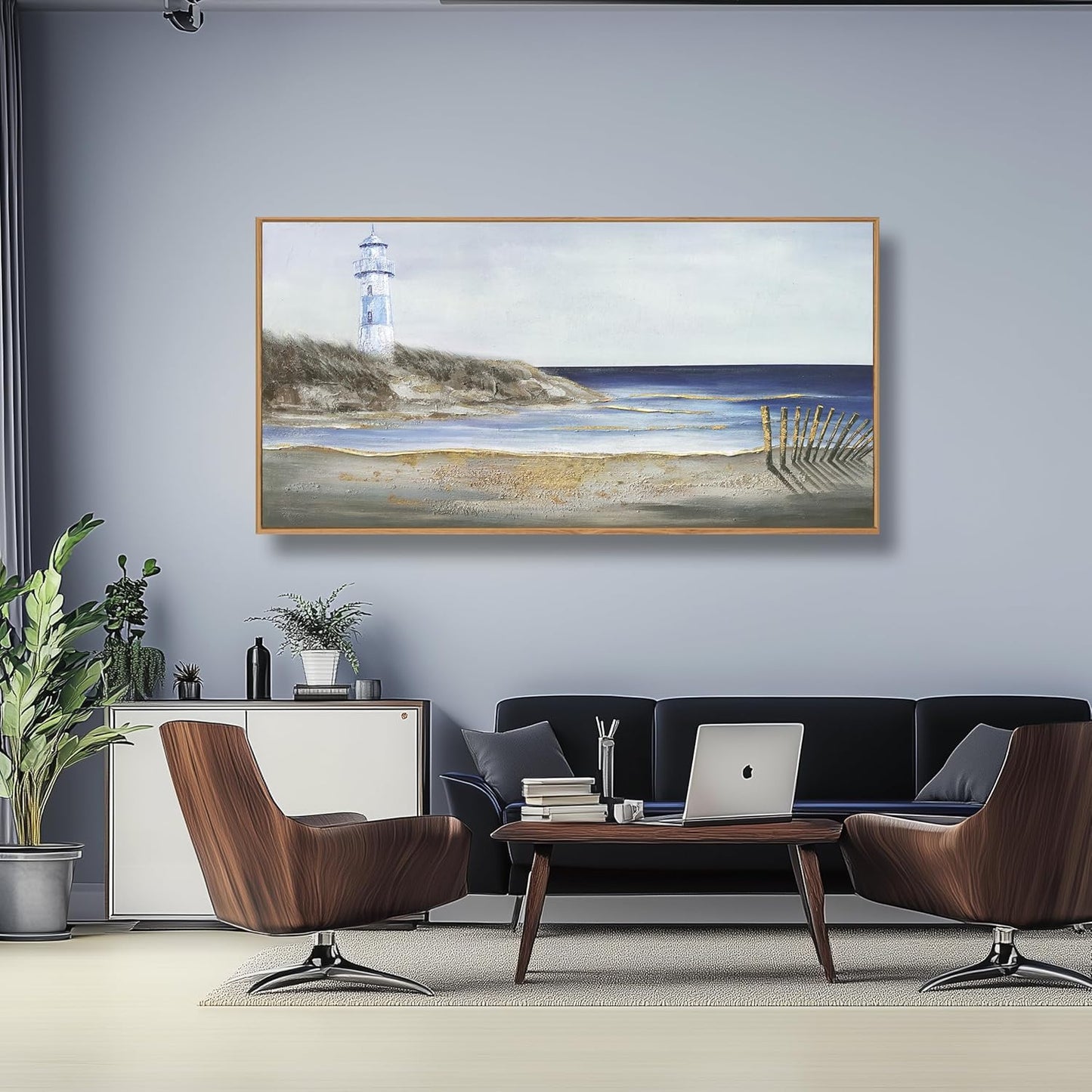 Yuaxker Ocean Wall Art Blue and Grey Wall Decor Framed Canvas Painting Coastal Aesthetic Artwork for Living Room Bedroom Dining Room Office Home Decor 24x48 Inch