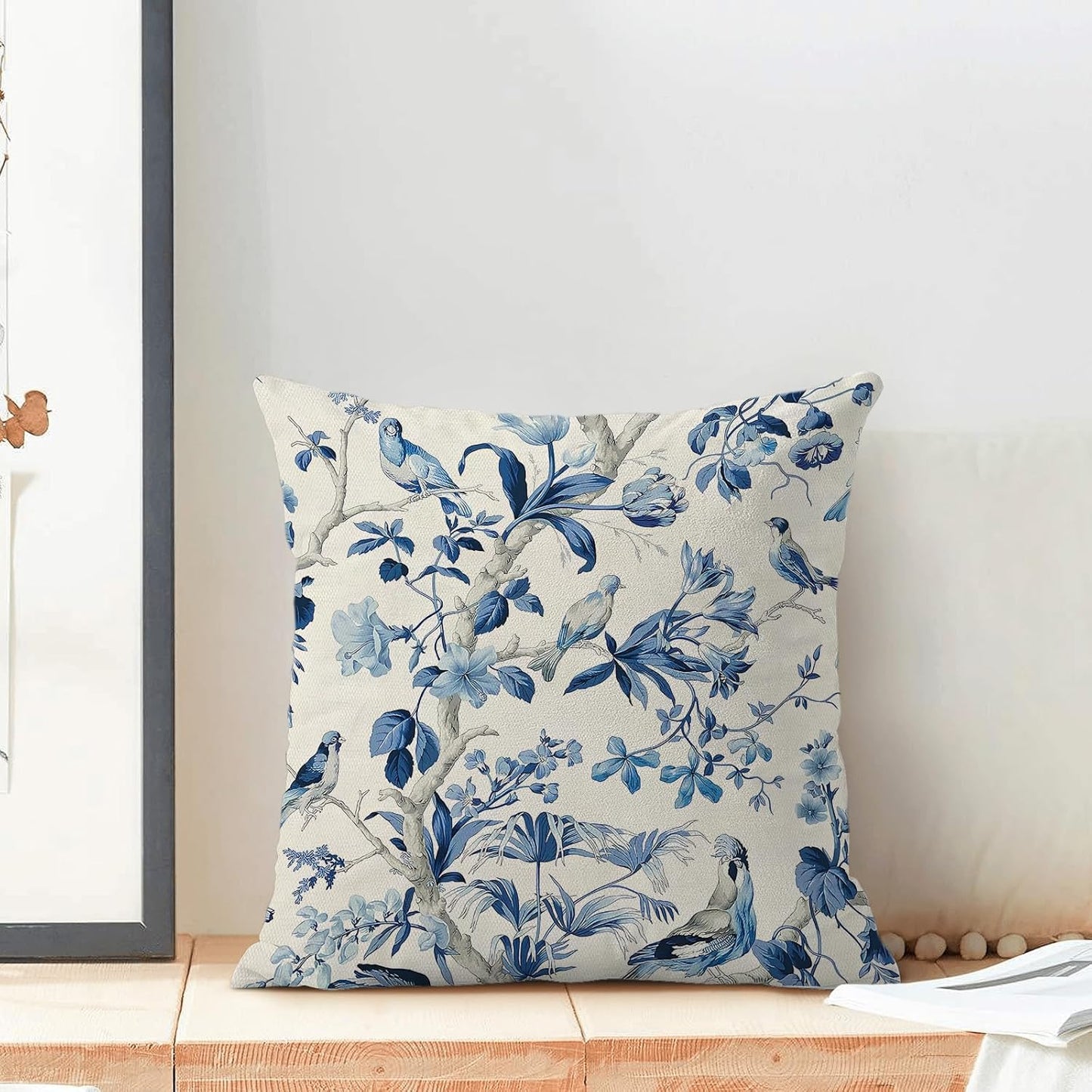 CXMEIFLY Navy Blue Spring Floral Pillow Covers 18 x 18 Inch Set of 2 for Chinoiserie Flowers Bird Decor Throw Pillows Vintage Plant Outdoor Decorative Cushion Cases for Couch Bed Decorations