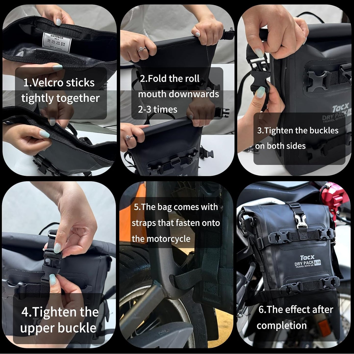 Motorcycle Tail Bag Front Bumper Bag, 12L Roll-top Waterproof Motor Saddle Panniers Luggage Bags for Motorcy-Black(12L)