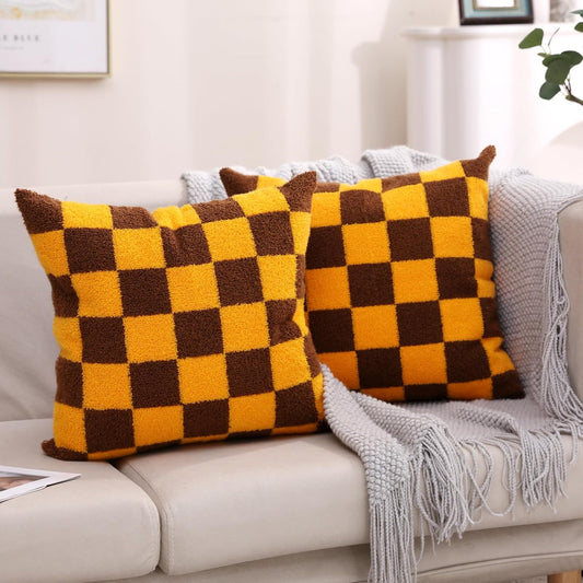 Alysheer Checkered Embroidered Decorative Throw Pillow Covers 18"x 18" Set of 2, Farmhouse Maillard Orange Brown Plaid Tufted Patterned Cotton Canvas Cushion Case for Sofa Couch Bed Living Room
