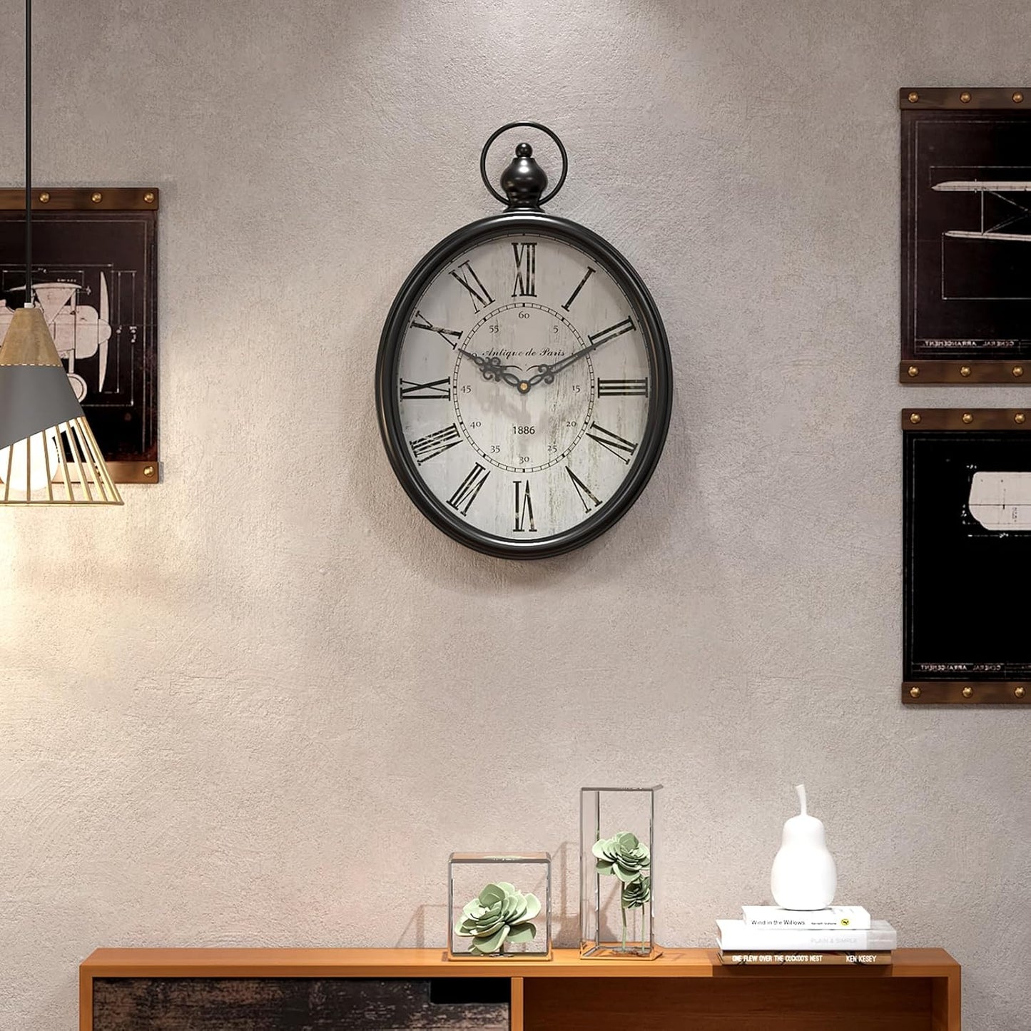 Menterry Oval Retro Wall Clock, Rustic Vintage Style, Black Antique Design, Battery Operated Silent Decor Large Wall Clocks for Kitchen,Farmhouse,Office (15.5" H x 10.5" W)
