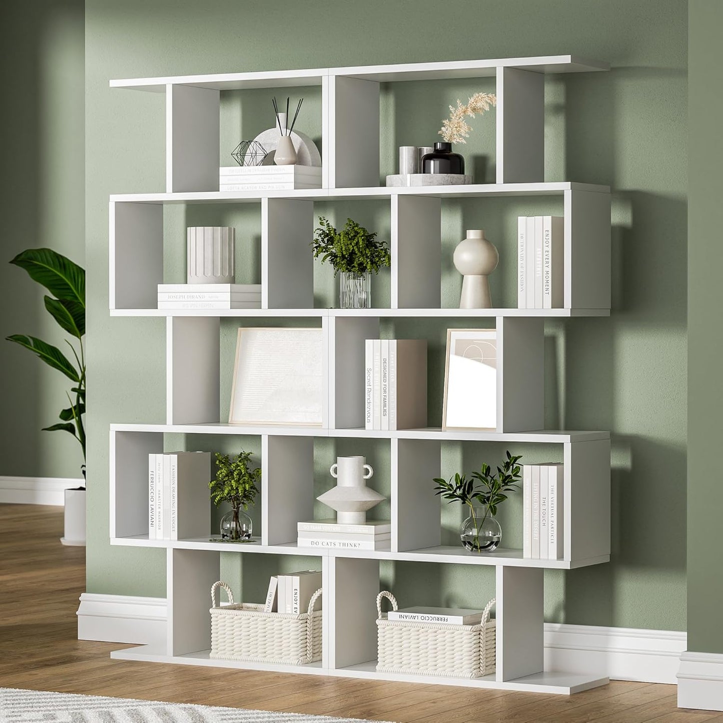 White 5-Tier Geometric Bookcase, S-Shaped Modern Bookshelf Set of 2, 62.6" Tall Room Divider Book Shelf, Decorative Display Shelf