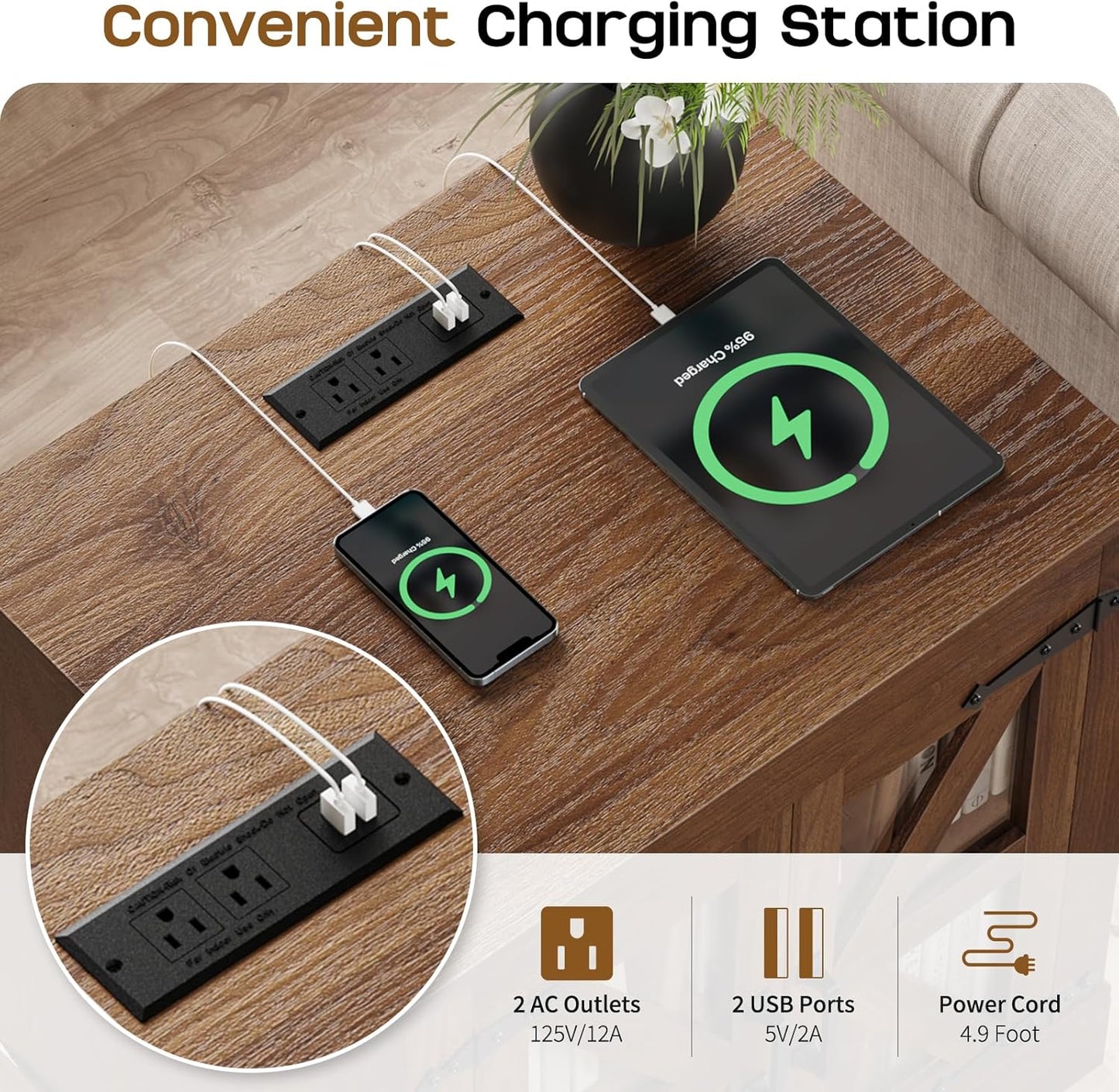 Farmhouse Side Table with Storage Cabinet, End Table with Adjustable Shelf, Night Stand, Wood Nightstand with Charger Station, 24 End Tables Living Room, Rustic Bed Side Tables Bedroom, Walnut