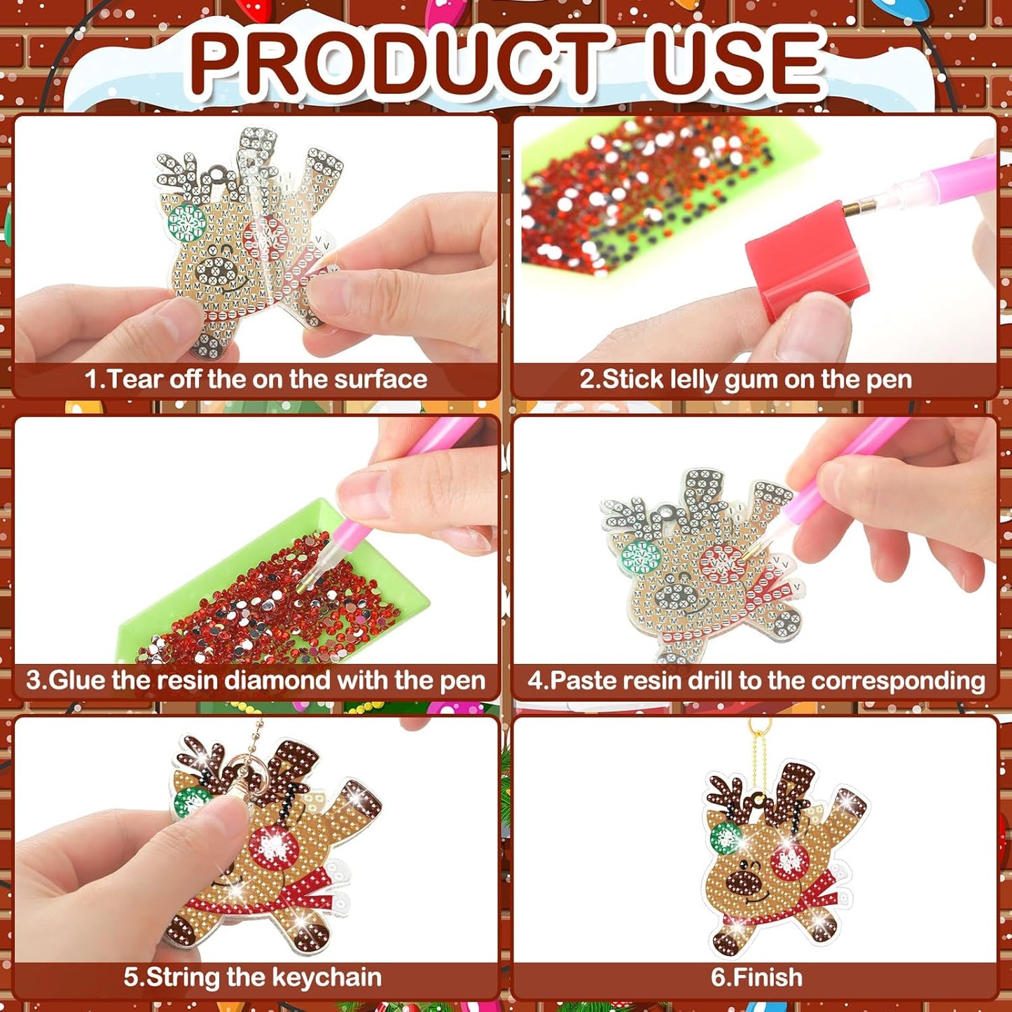 Tondiamo 20 Pcs Christmas Diamond Painting Keychain Kits 5D DIY Diamond Art Pendants Double Sided Hanging Key Chains for Christmas Party Decoration DIY(Deer Style)