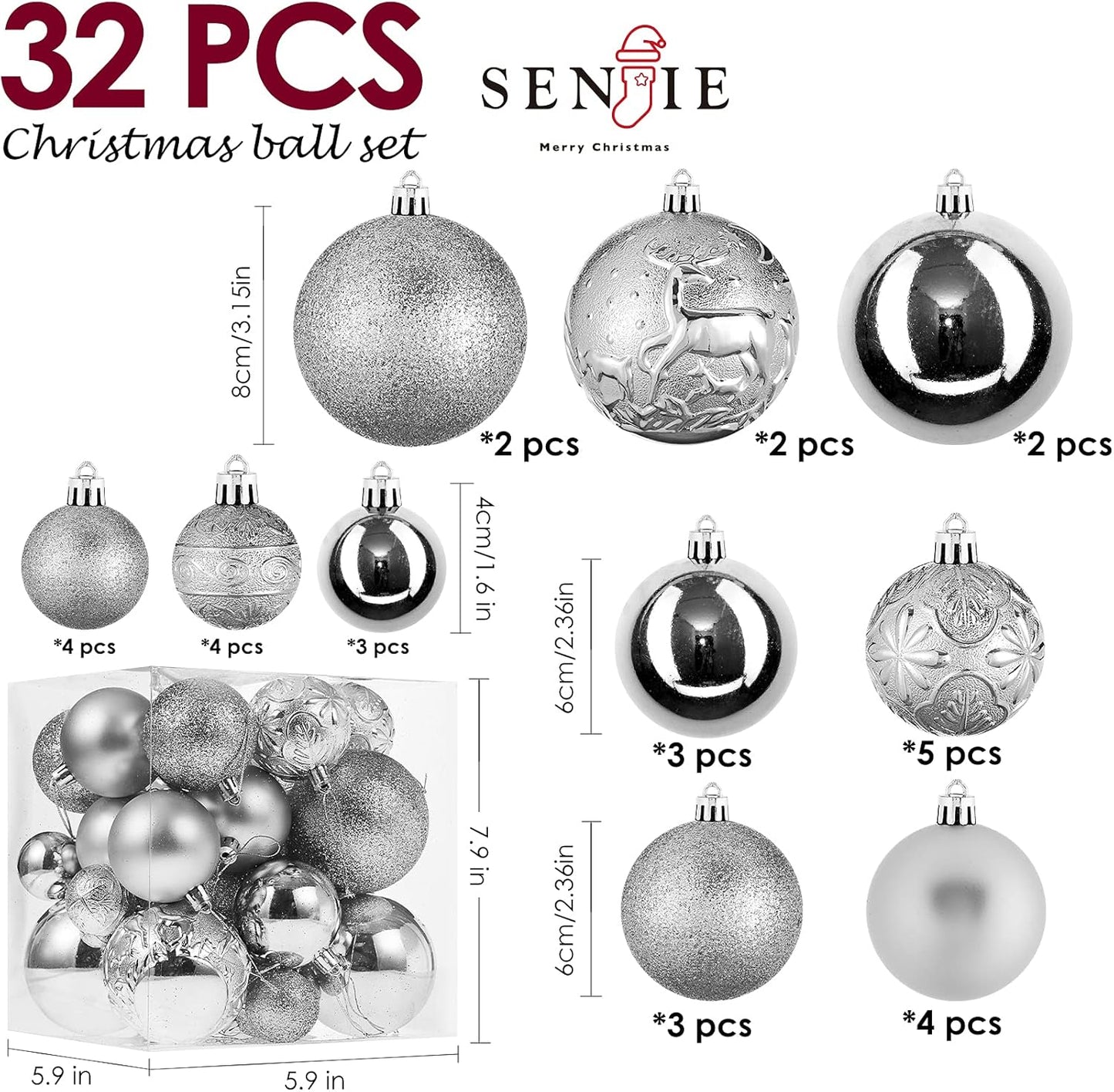 Christmas Ornaments for Xmas Trees,Silver Shatterproof Christmas Ball Ornaments