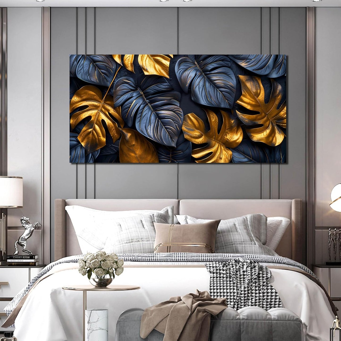 Leaves Pictures for Living Room Wall Decoration - Black and Gold Canvas Wall Art Bedroom - Modern Wall Art for Dining Room Size 29" x 59"
