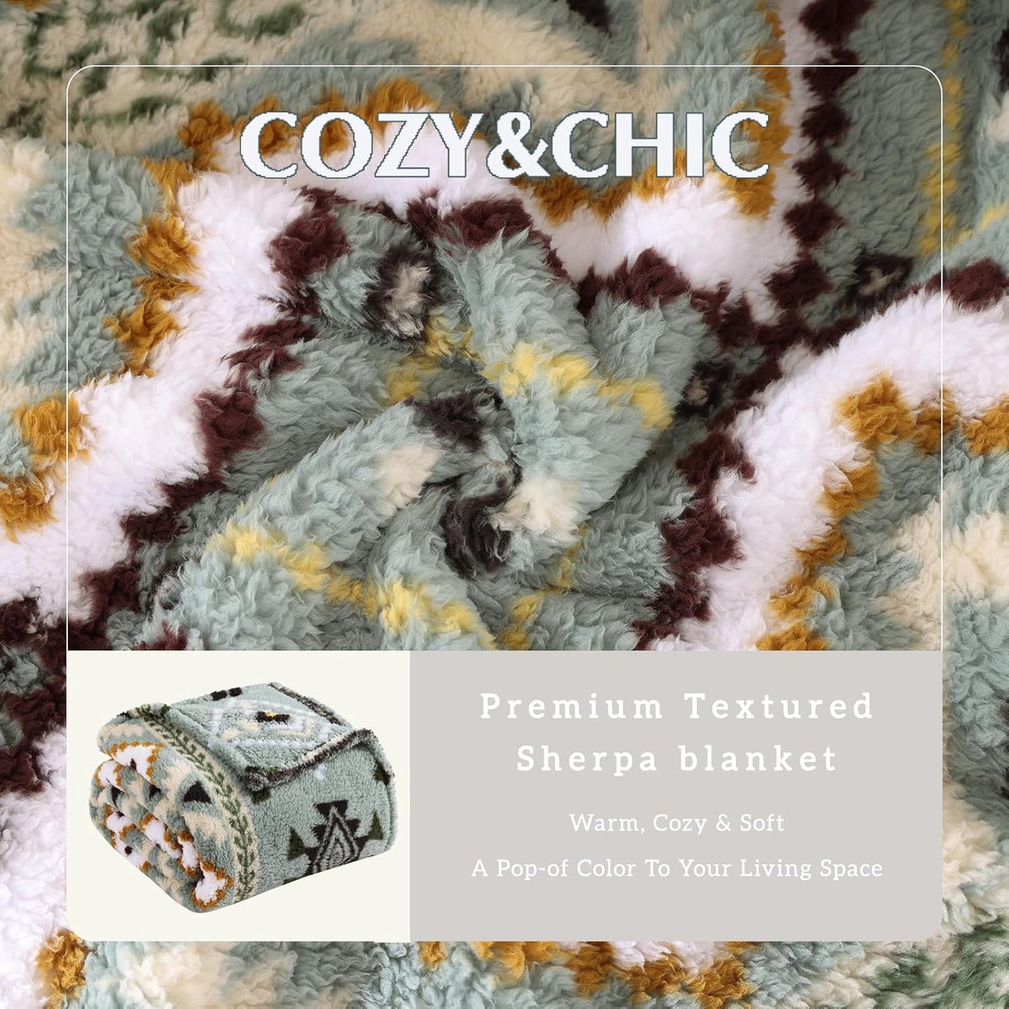 CASAAGUSTO Boho Sherpa Throw Blanket, Aztec Throw Blanket,Ultra Soft, Warm, Cozy, Plush, Thick Fleece Blanket for Couch, Bed, Sofa (Olive Green 50 * 60 Inch)