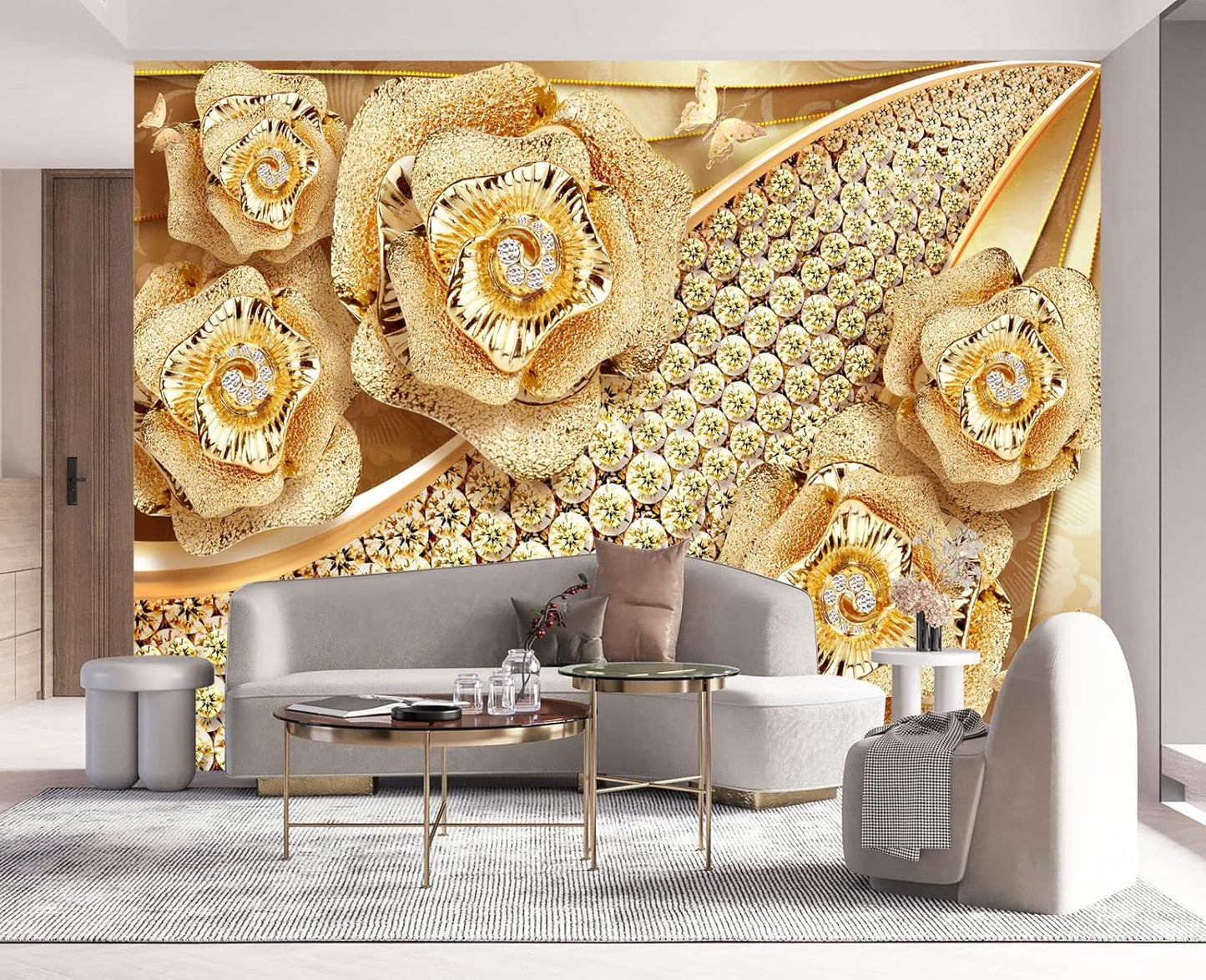 Golden Jewelry Diamond Rose Butterfly Wall Mural Wallpaper for Bedroom 137" x 100"