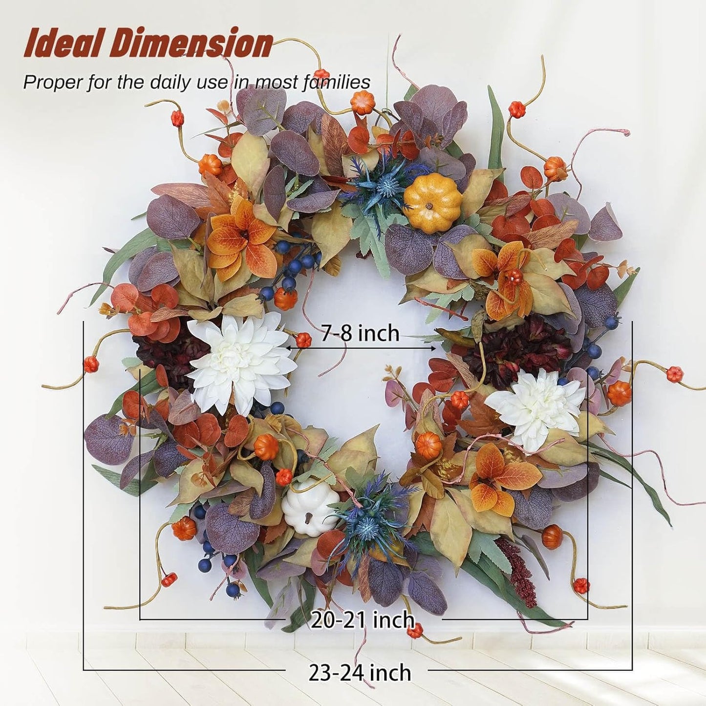 Fall Wreaths for Front Door Outside 24 Inch Autumn Wreath with Pumpkins, Silk Leaves & Purple Flowers Autumn Wreaths for Front Door, Halloween Wreath Decoration, Thanksgiving Decor