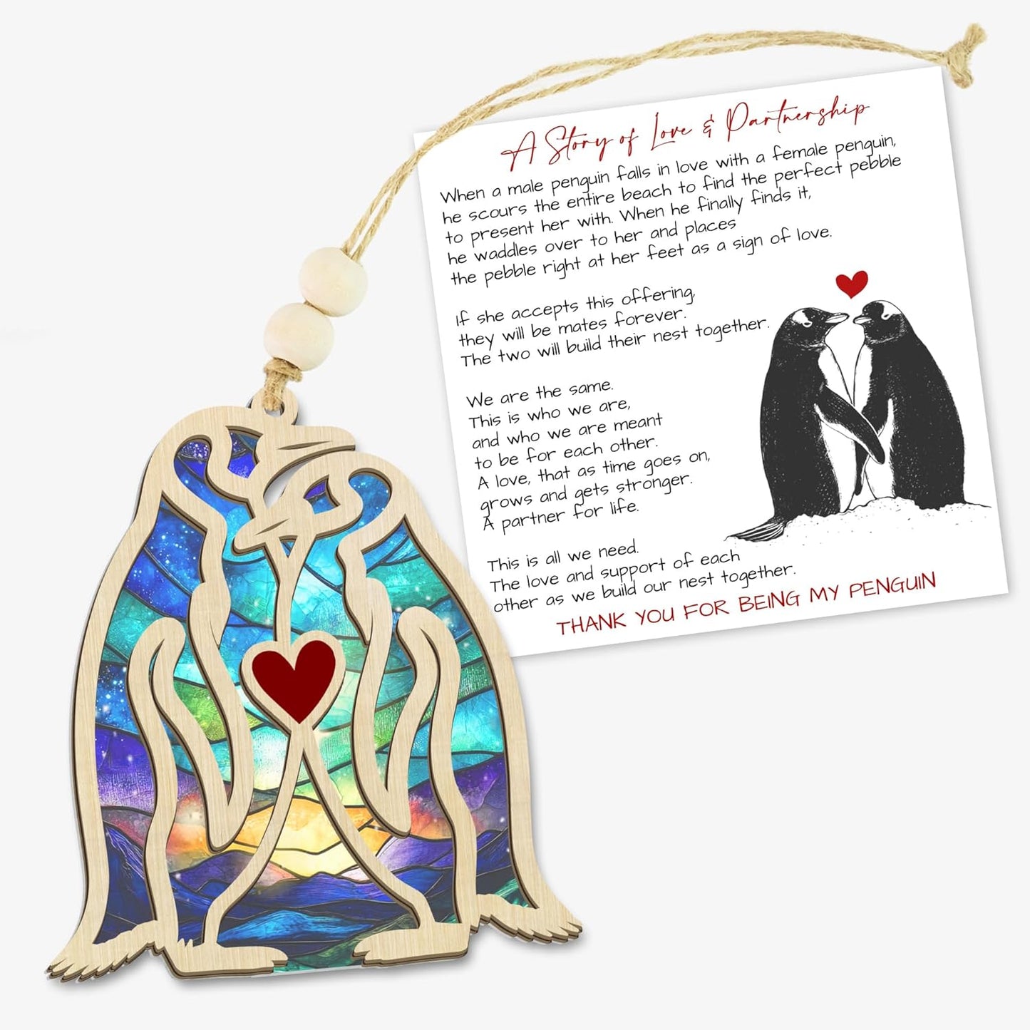 TEEZWONDER Anniversary Couple Gifts for Men Women - Suncatcher Christmas Ornaments 2025 Tree Decorations with Card - Penguin Gifts for Her Him, Husband Wife Birthday Gift Ideas Christmas Decorations