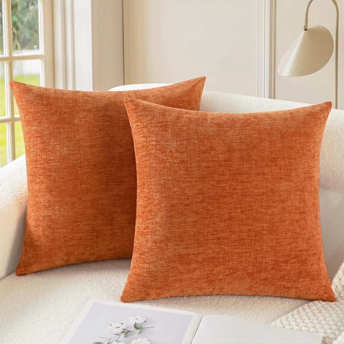 CaliTime Fall Throw Pillow Covers Decorative 22 X 22 Inches Pack of 2 Cozy Chenille Cushion Cases for Couch Sofa Bed Living Room Home Burnt Orange