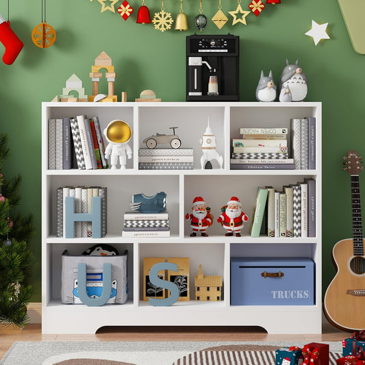 Book Shelf, 8 Cubes Storage Organizer, 3-Tier Open Shelf Wooden Bookcase, Freestanding White Bookshelf Cube Shelf for Bedroom, Living Room, Home Office