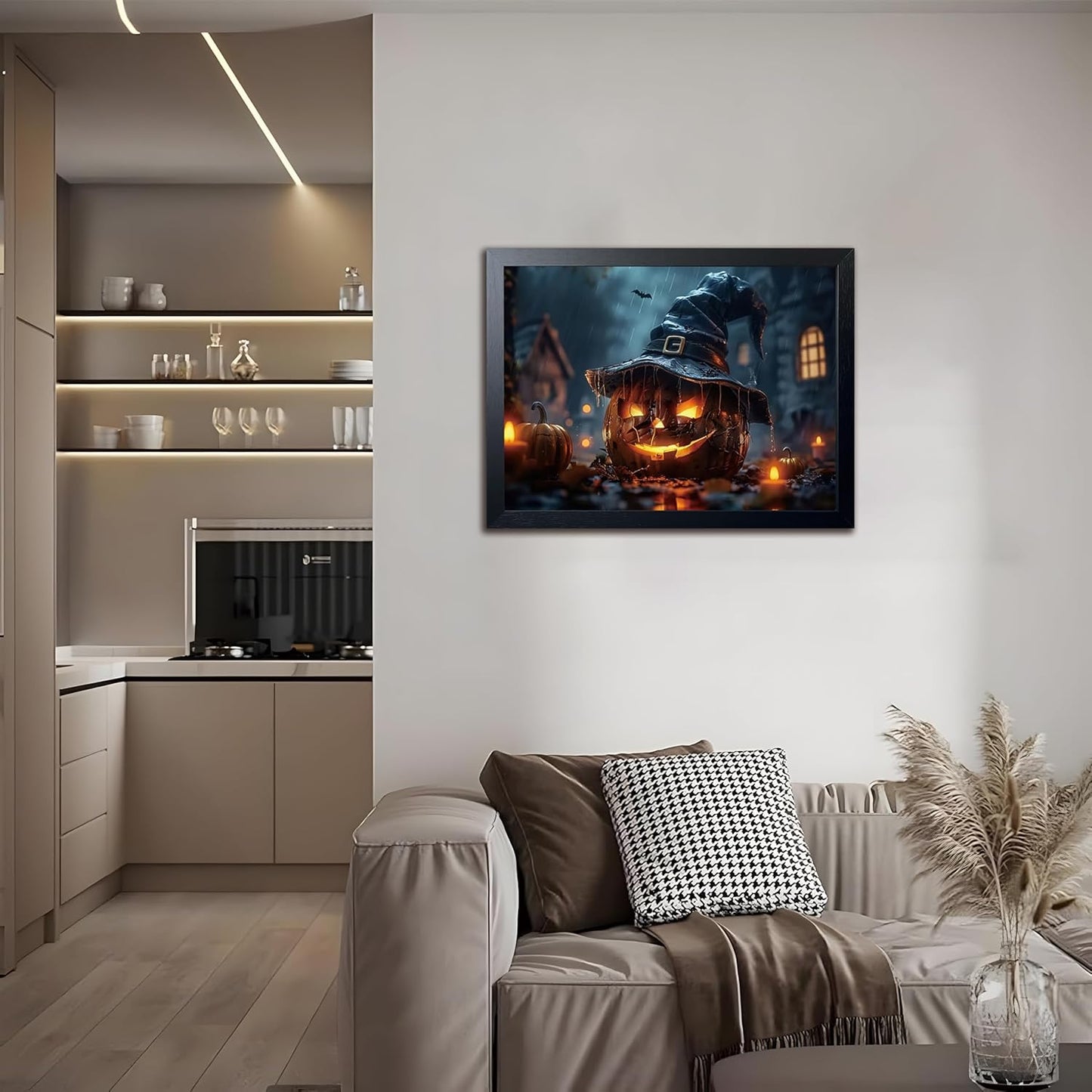 Wood Framed Dark Halloween Pumpkin Wall Art, Gothic Witch Hat Jack-o'-Lantern Canvas Print, Dark Academia Spooky Haunted House Poster Wall Art for Living Room Bedroom Room Aesthetics 16x24 inch