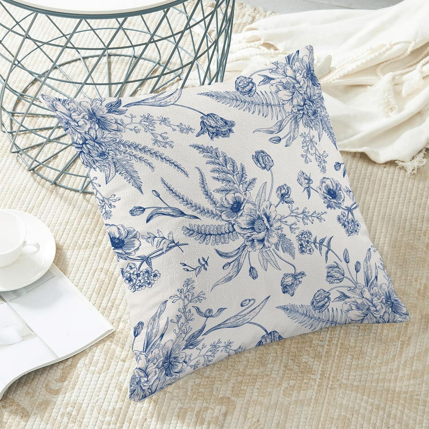 CXMEIFLY Spring Floral Leaves Pillow Covers 18 x 18 Inch Set of 2 for Chinoiserie Flowers Decor Throw Pillows Blue and White Seasonal Plant Outdoor Decorative Cushion Cases for Couch Bed Decorations