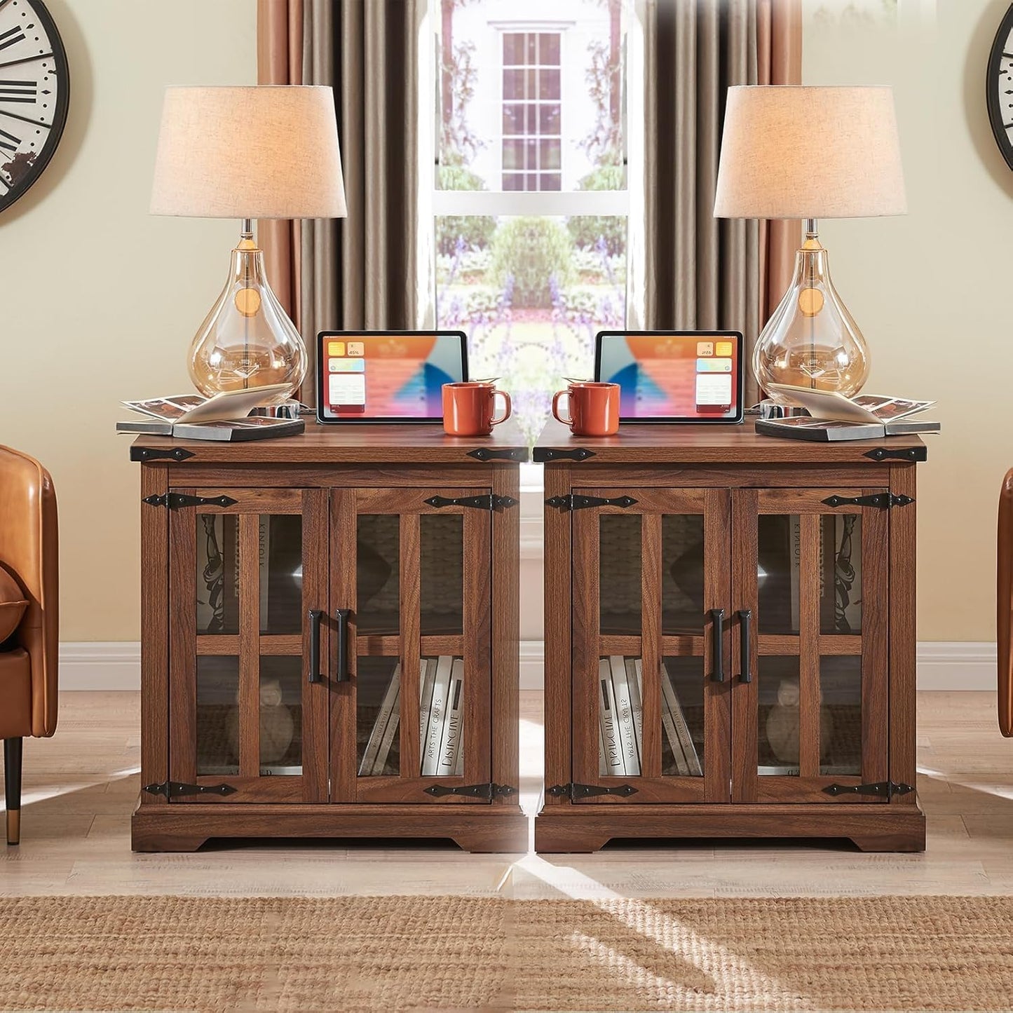 Farmhouse End Table with Charging Station,24" Large Side Table with Glass Barn Door, Rustic Wood Nightstand Bedside Table with Adjustable Storage Shelf for Living Room, Bedroom,Walnut,2 pack