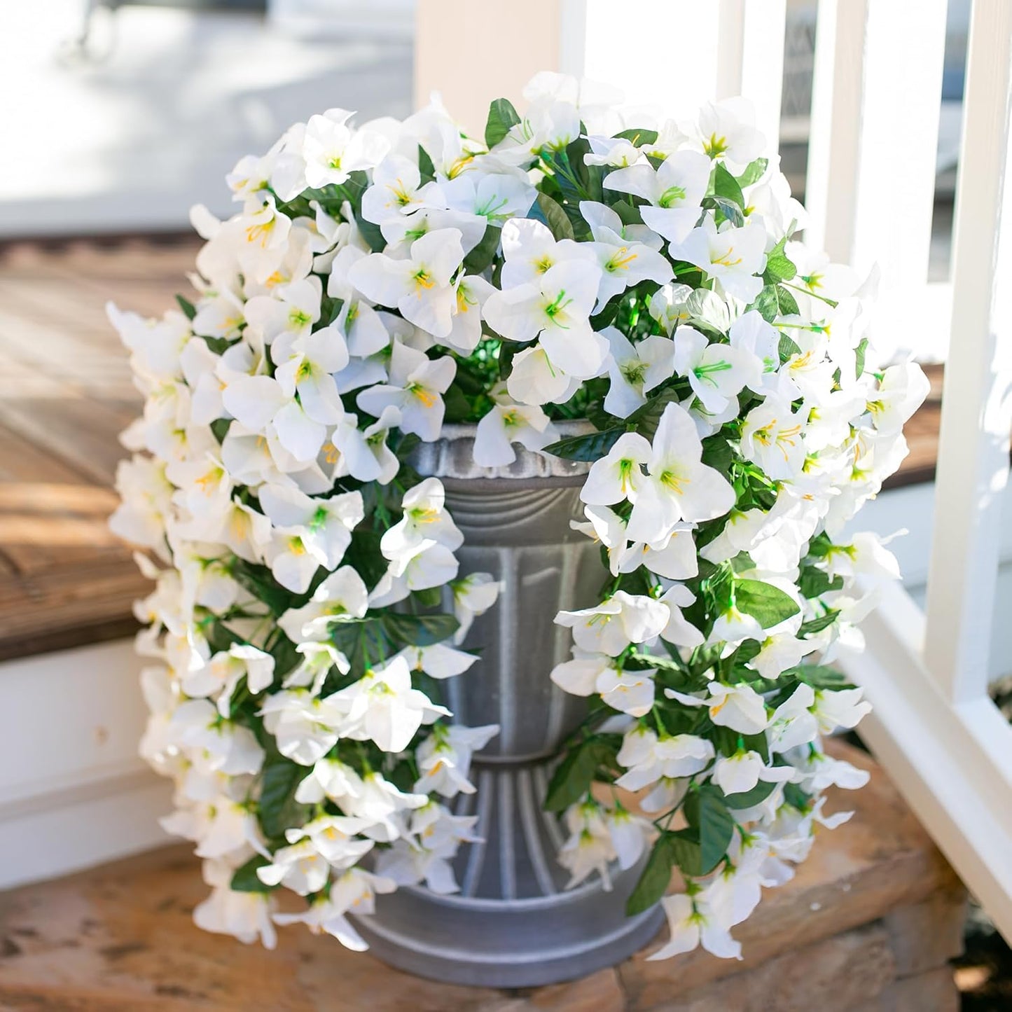 Faux Bougainvillea Artificial Flowers Plants for Outdoors Outside Decoration, 2 PCS White Fake Flowers UV Resistant Look Real Silk Long Trailing Vines for Front Door Porch Planter Patio Garden Yard