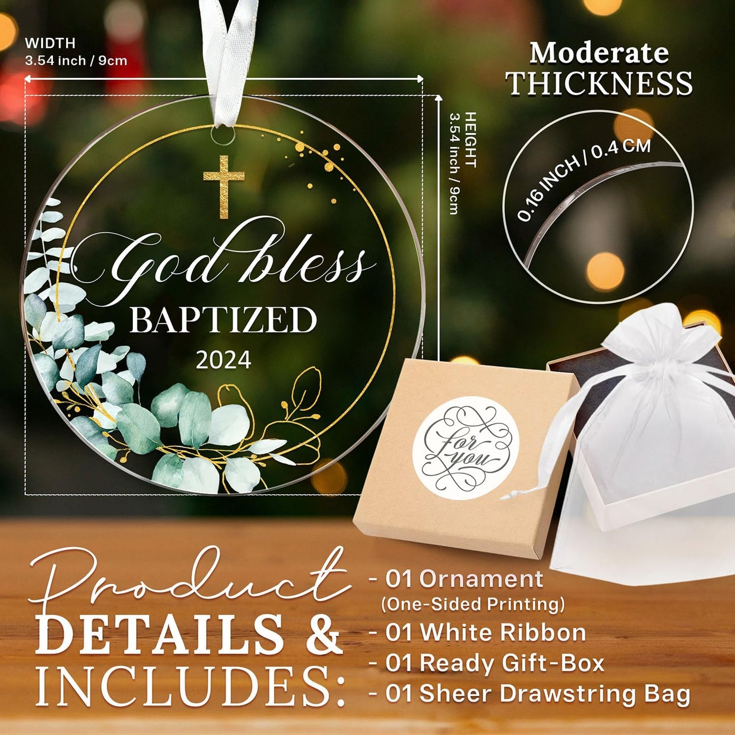 HEXMOZ Baptism Gifts - Christening Gifts for Boys Girls Kids Adults Men Women - Baby Boy, Girl Catholic Baptism Gift for Godson, Goddaughter - Cross God Bless Baptized Acrylic Christmas Ornament 2024