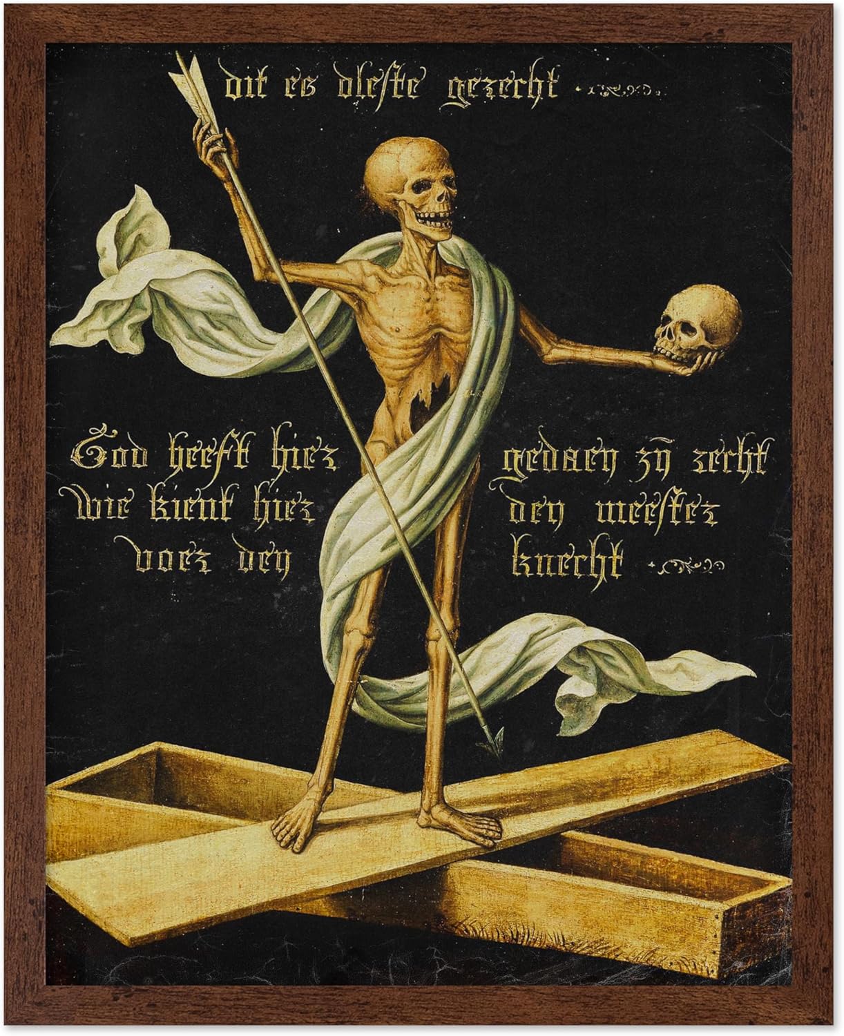 Poster Master Vintage Medieval Poster - Retro Gothic Print - Gift for Artist, Friend - Allegory of Life and Death, Skeleton, Dark, Skull - Wall Decor for Home, Living Room, 8x10 Brown Framed