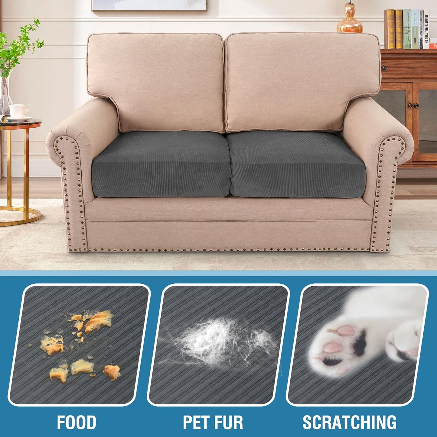 H.VERSAILTEX Velvet Stretch Couch Cushion Cover Plush Cushion Slipcover for Chair Loveseat Sofa Cushion Furniture Protector Seat Cushion Sofa Cover (2 Piece Medium Sofa Cushion Covers, Grey Striped)