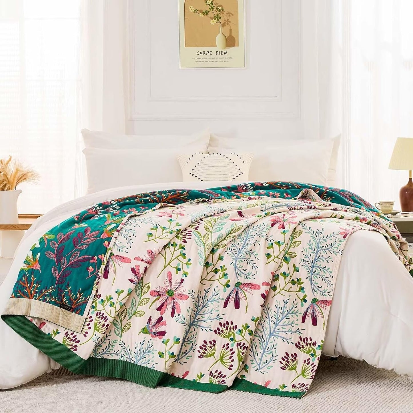 Boho Throw Blanket for Bed, 100% Cotton Soft Rustic Quilt Fall Blanket, 80" 90" Floral Printed Farmhouse Decor Bed Blankets, All Season Rustic Reversible Bohemian Throw Quilt