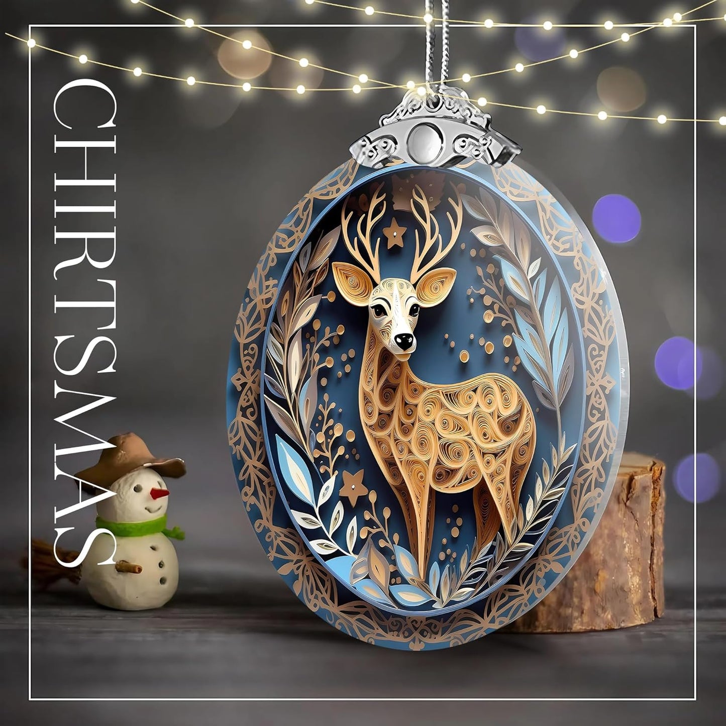 2025 Christmas Ornament, Stained Glass Effections, Christmas Tree 4 Inch Acrylic Ornament Art, White Elephant Gifts Car Interiors Decors, Christmas Decor (Quilling Deer)