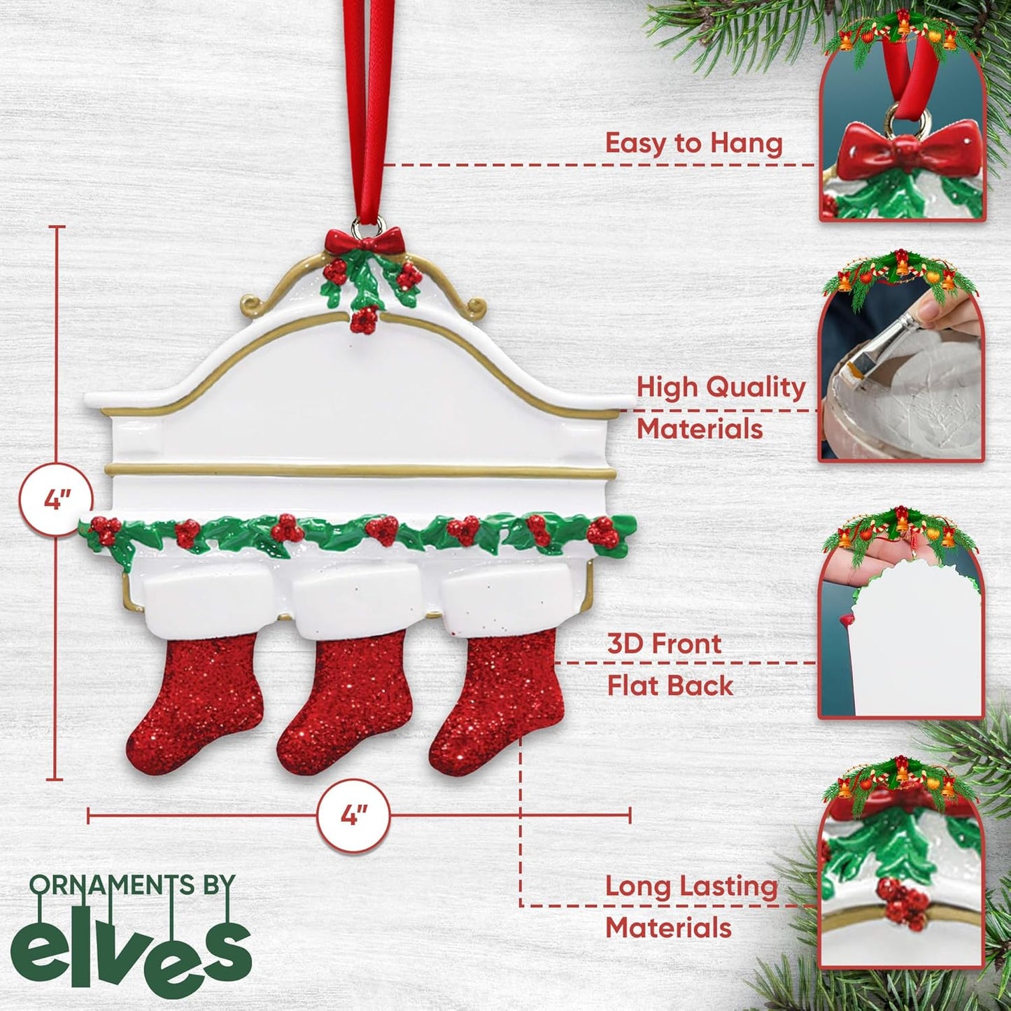 3D White Mantle Family of 3 Christmas Ornament 2025 Personalized Family Christmas Ornaments 2025 | Garland Fireplace Personalized Tree Ornaments Customizable Gifts Red Stockings of Three Ornament