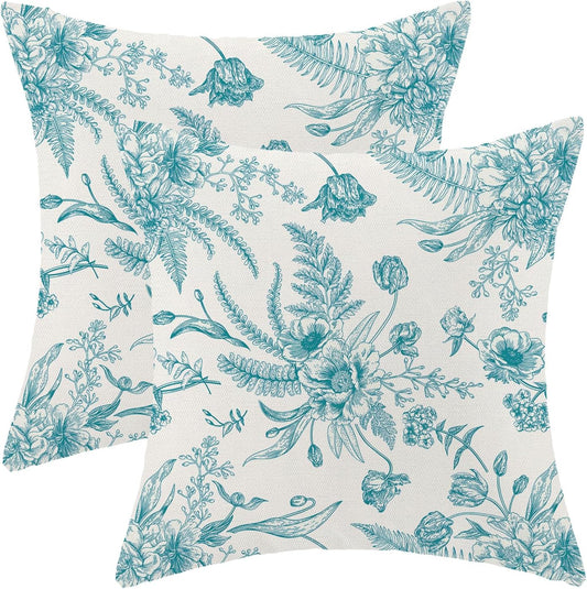 CXMEIFLY Aqua Teal Spring Pillow Covers 18 x 18 Inch Set of 2 for Chinoiserie Flowers Decor Throw Pillows Floral Leaves Seasonal Plant Outdoor Decorative Cushion Cases for Couch Bed Decorations